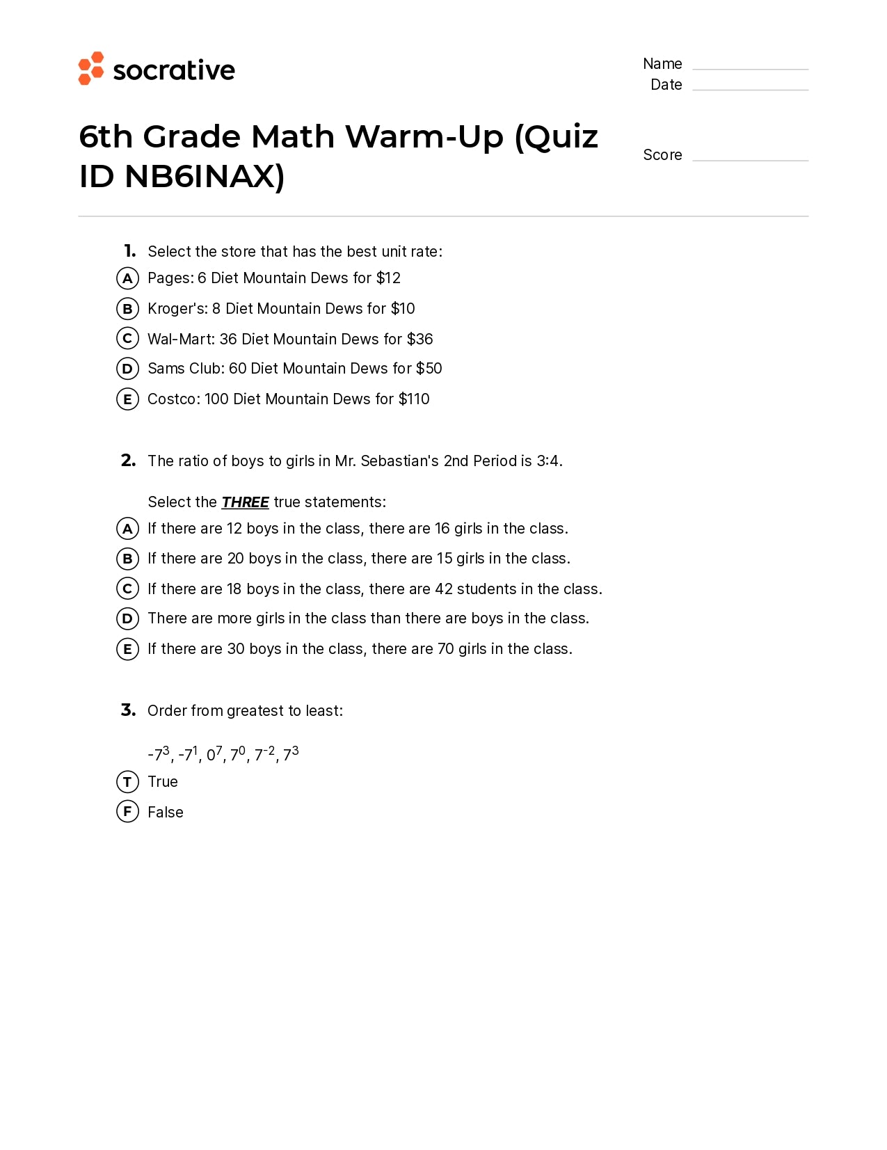 6Th Grade Math Warm-Up