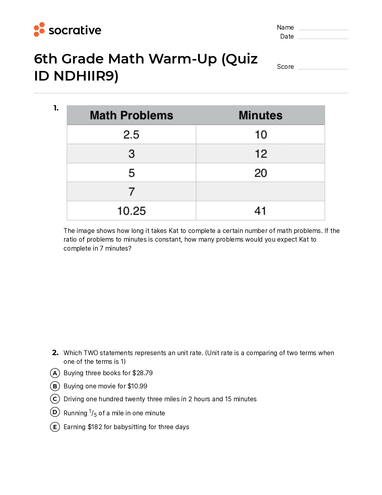 6Th Grade Math Warm-Up