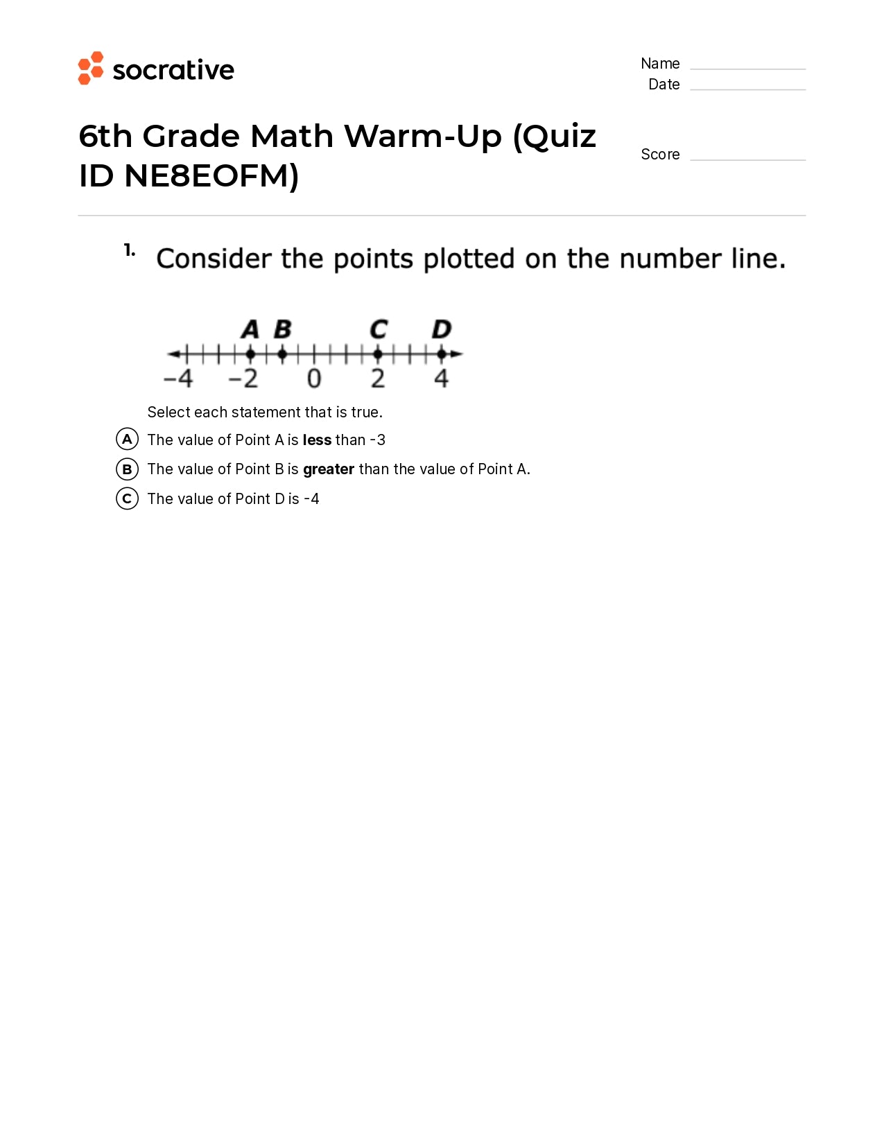 6Th Grade Math Warm-Up
