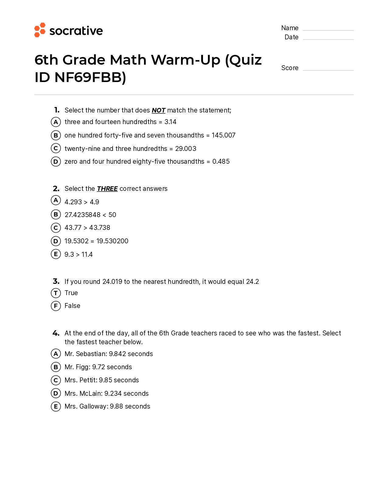 6Th Grade Math Warm-Up