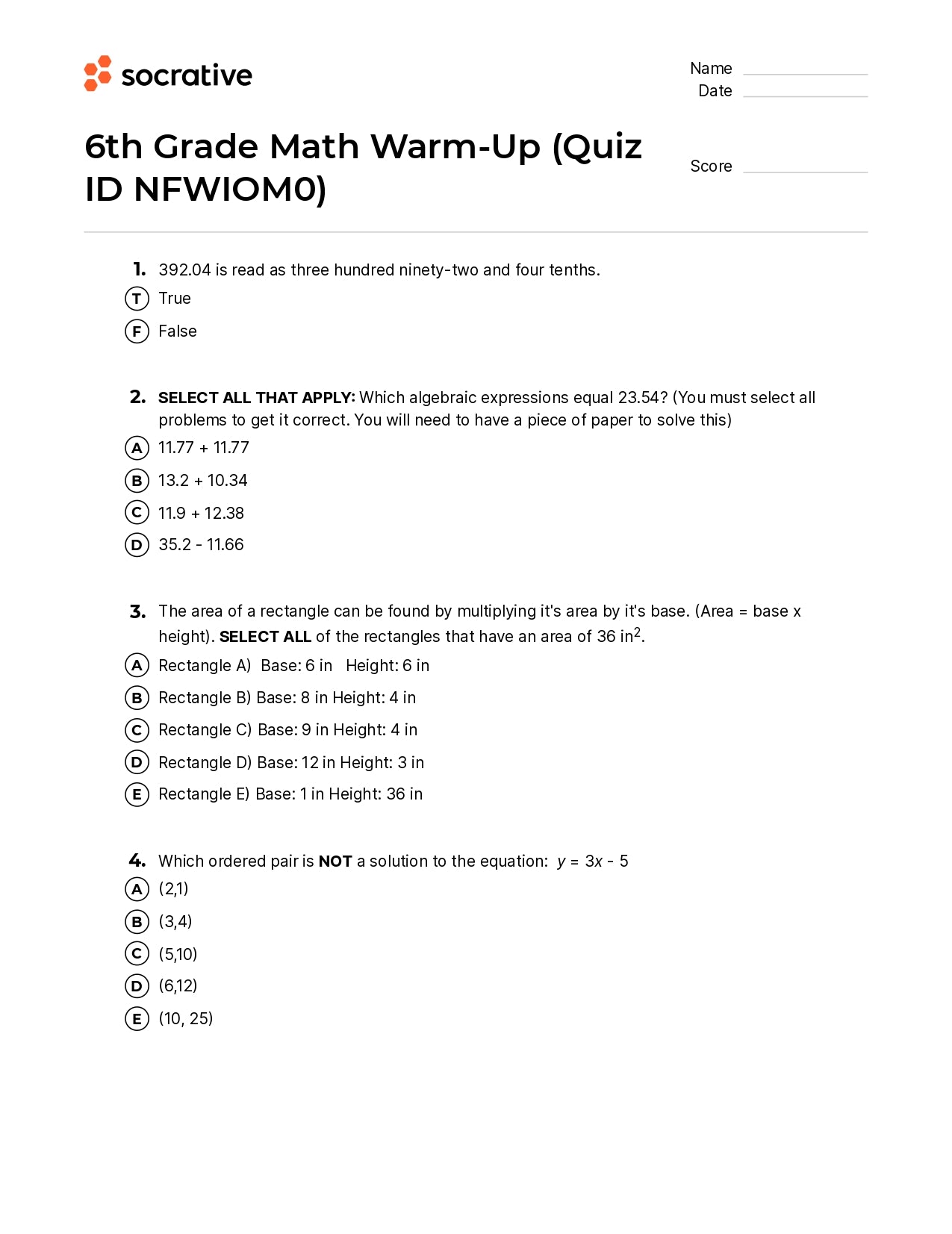 6Th Grade Math Warm-Up
