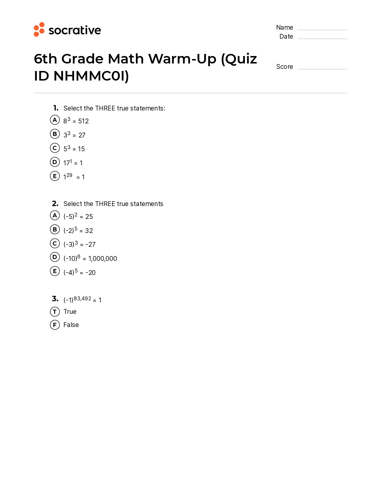 6Th Grade Math Warm-Up