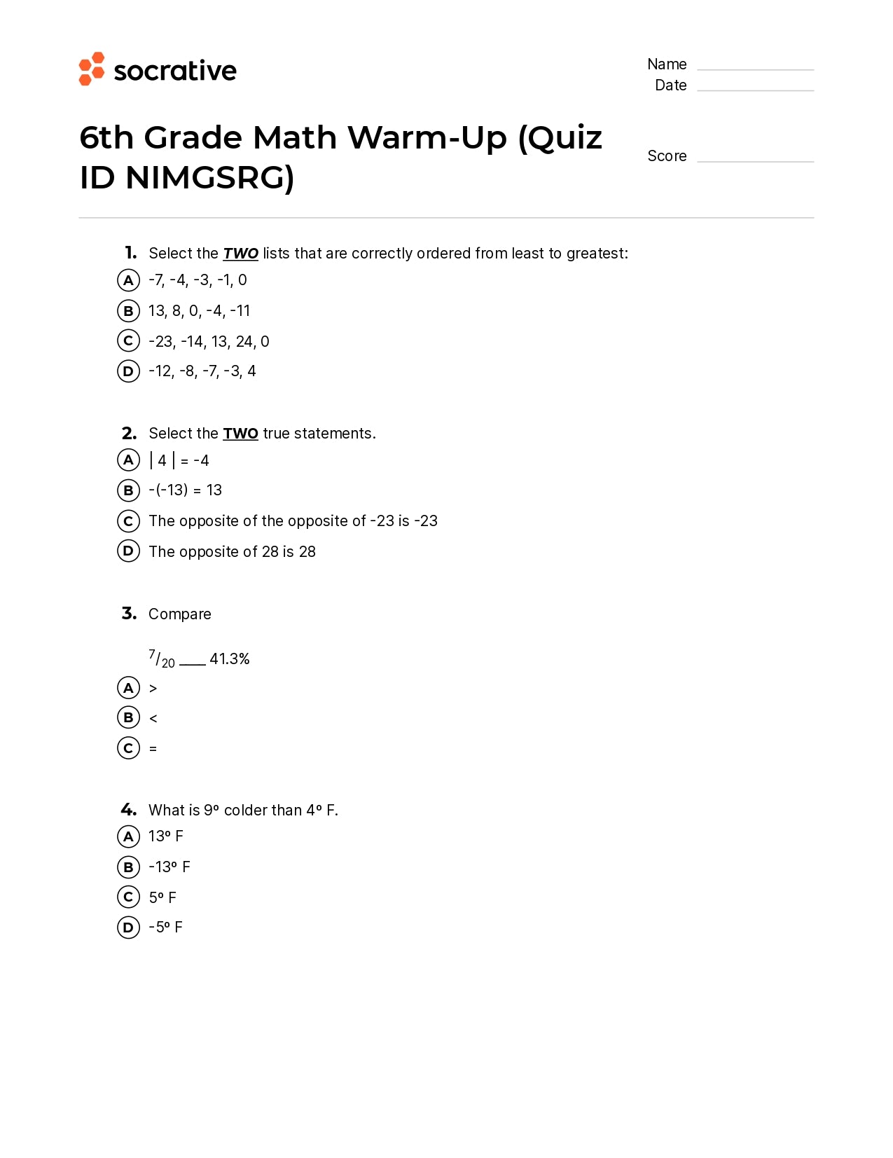 6Th Grade Math Warm-Up