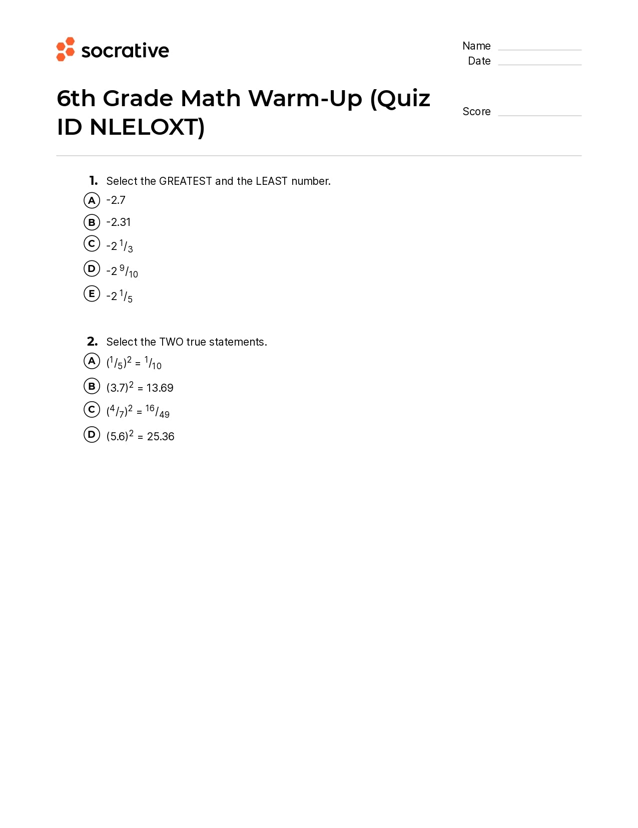 6Th Grade Math Warm-Up