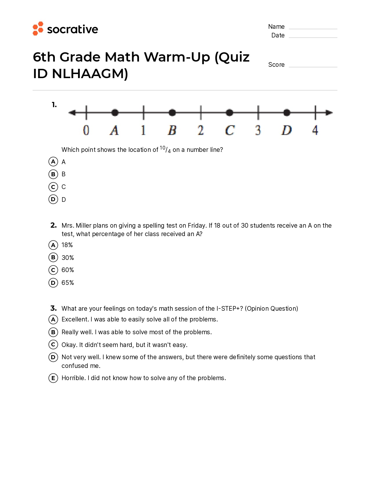 6Th Grade Math Warm-Up