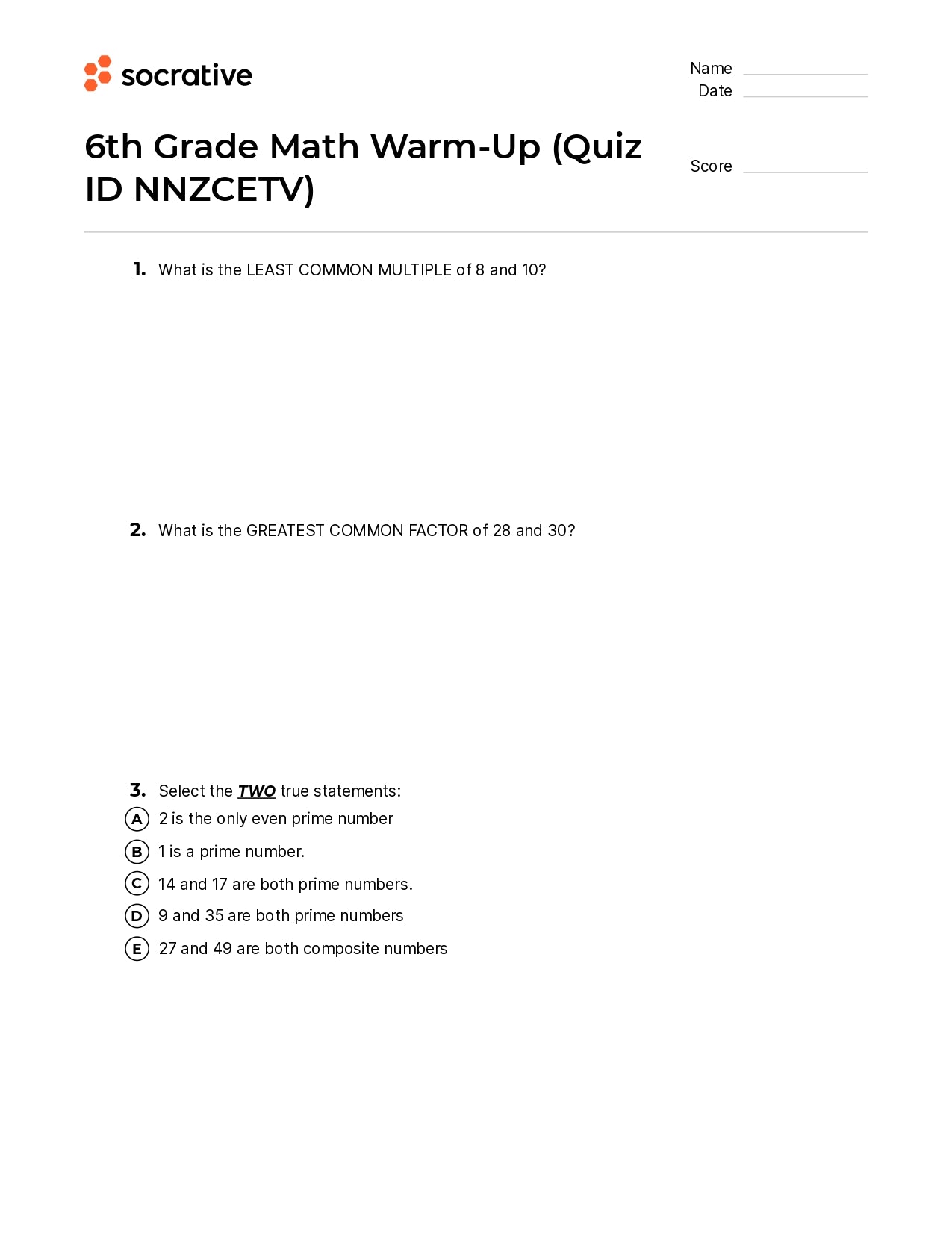 6Th Grade Math Warm-Up