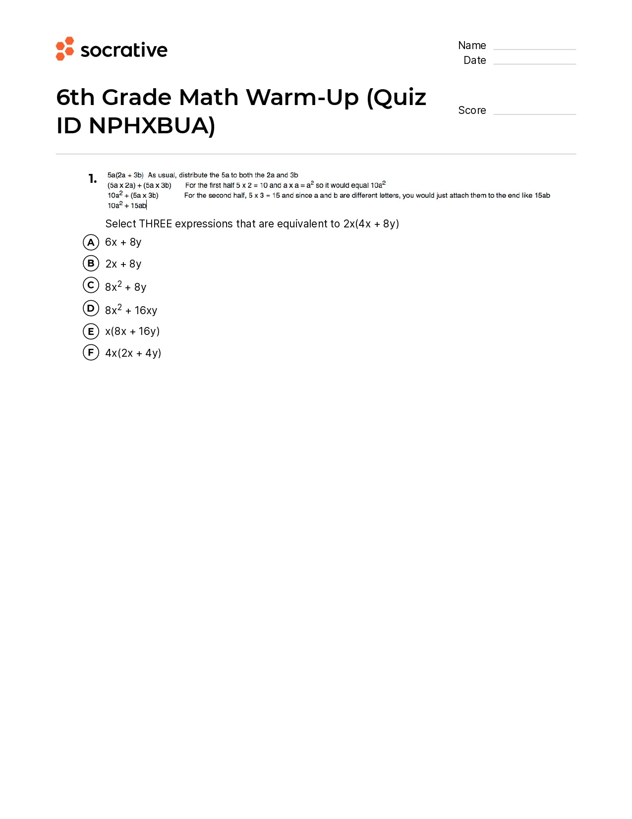 6Th Grade Math Warm-Up