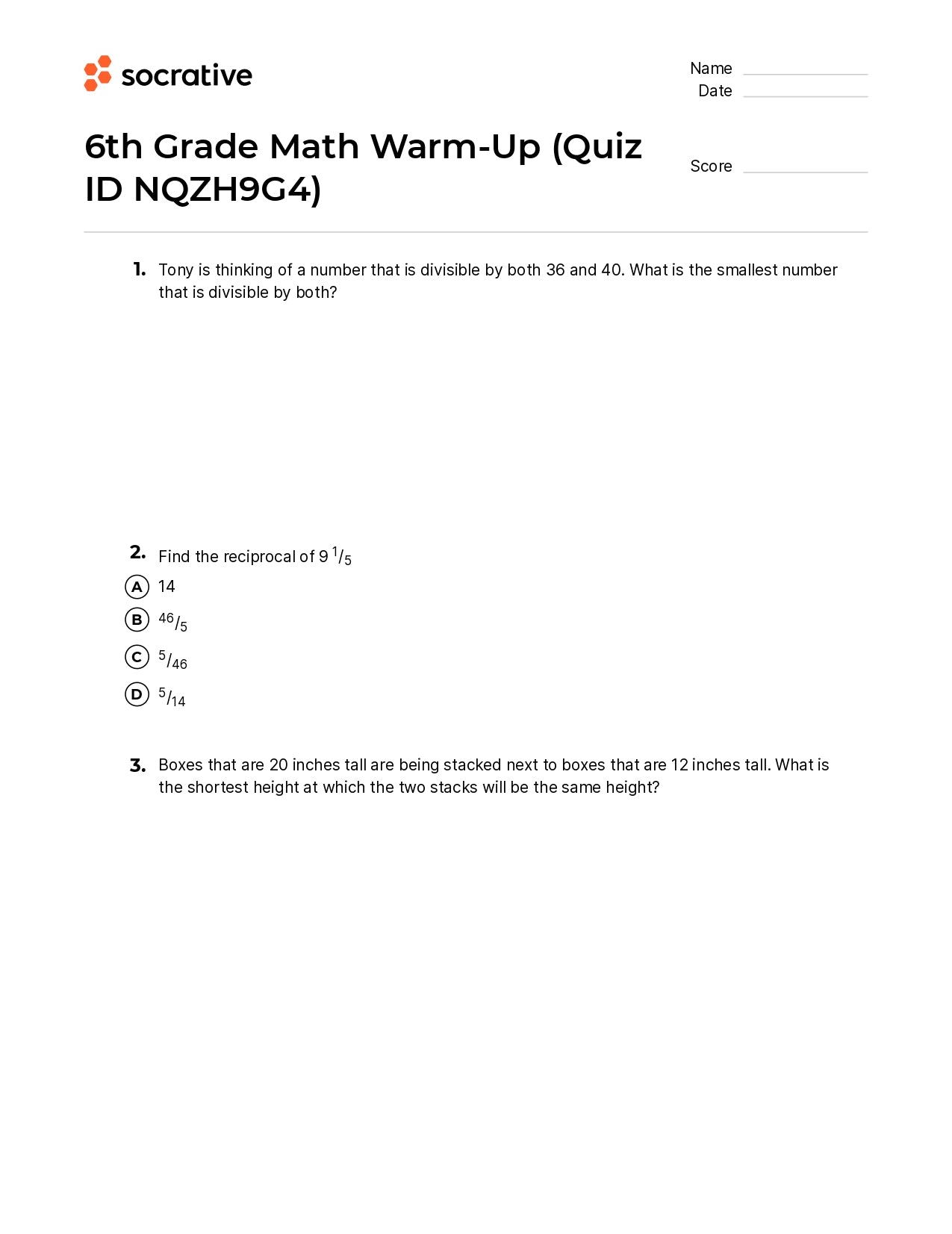6Th Grade Math Warm-Up