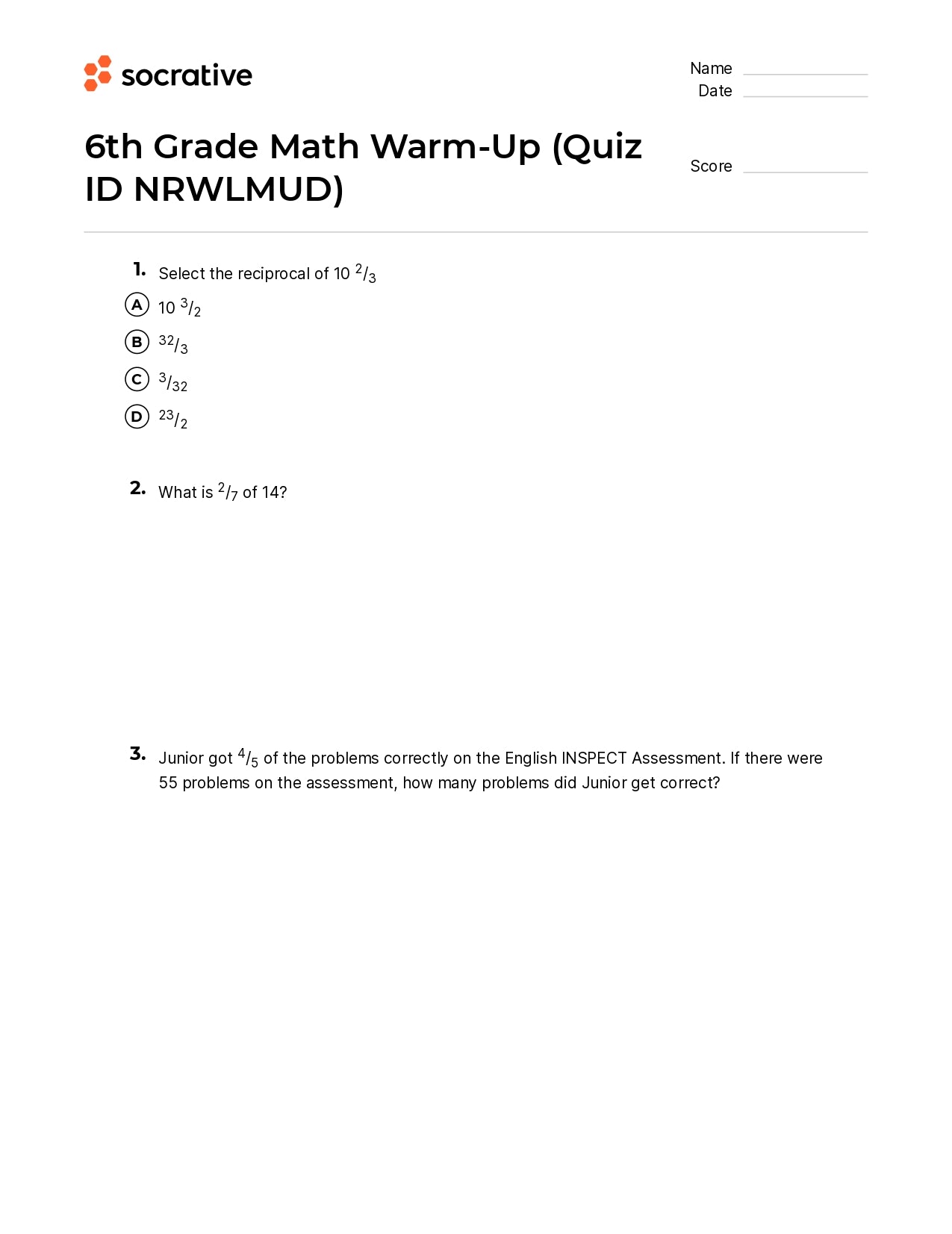 6Th Grade Math Warm-Up