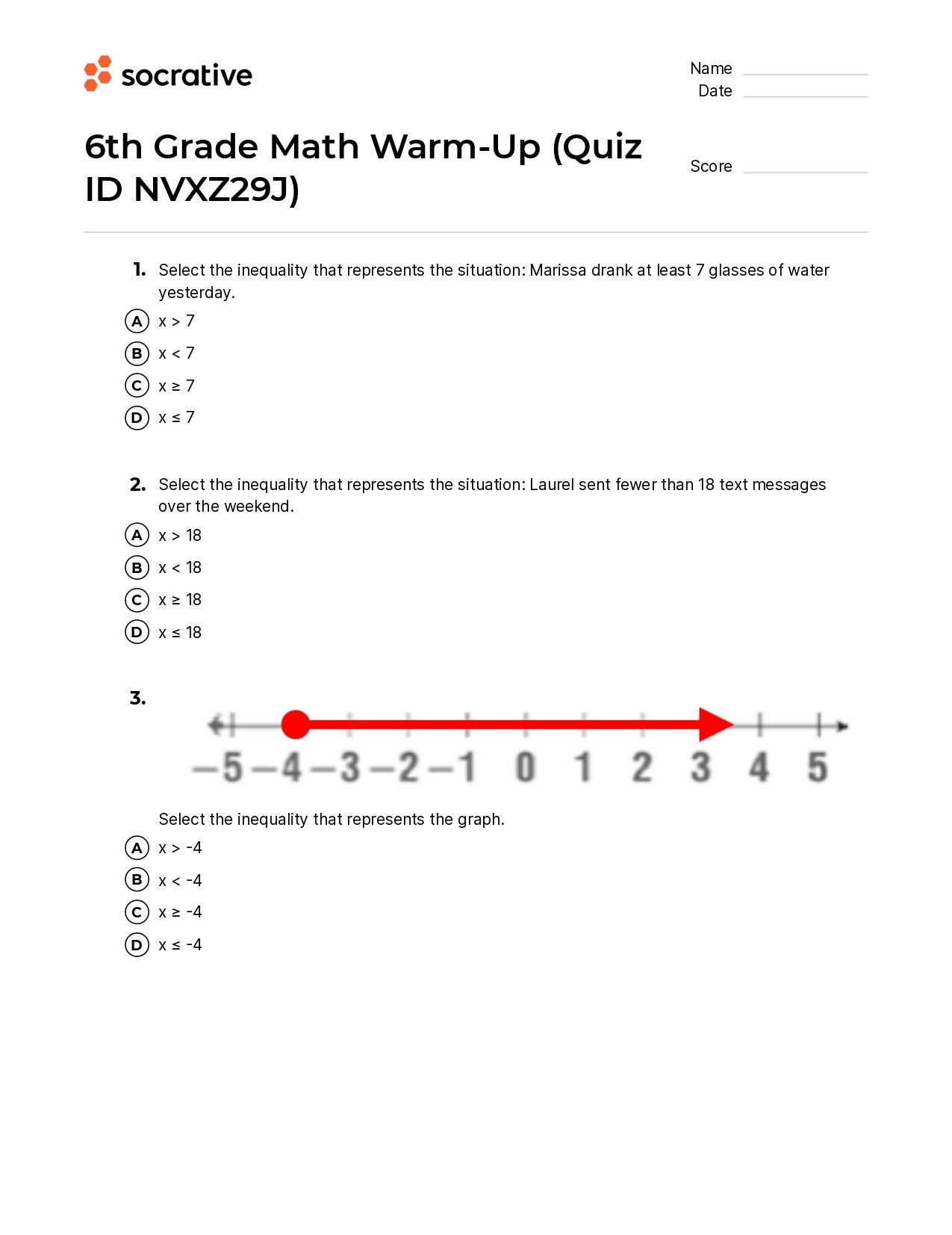6Th Grade Math Warm-Up