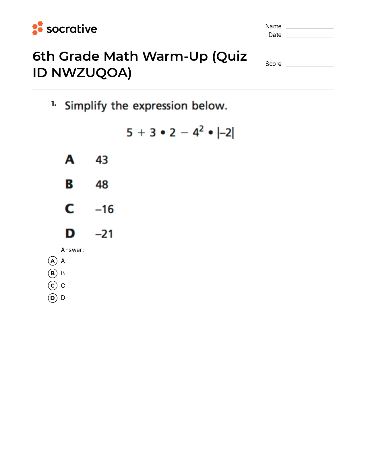6Th Grade Math Warm-Up