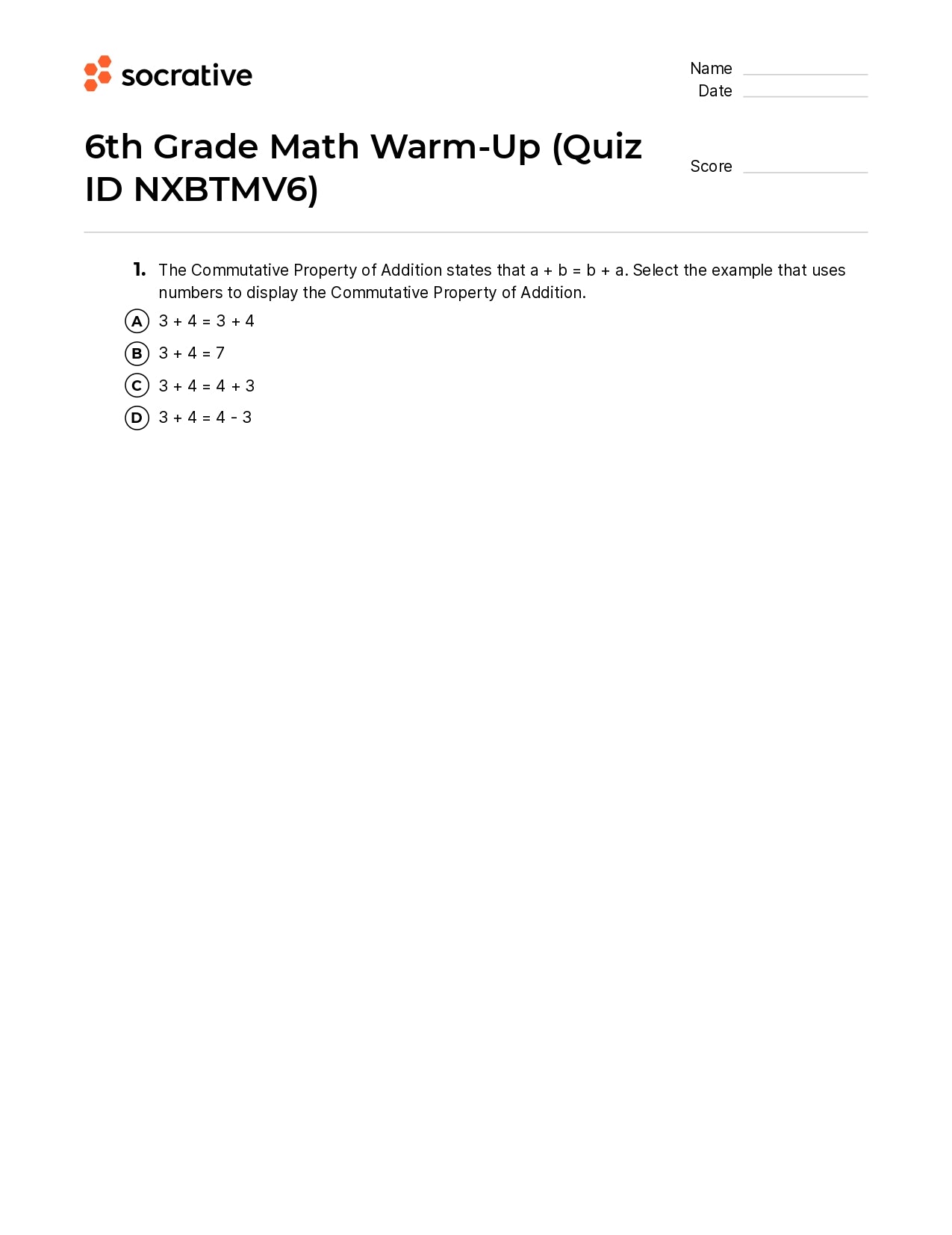 6Th Grade Math Warm-Up