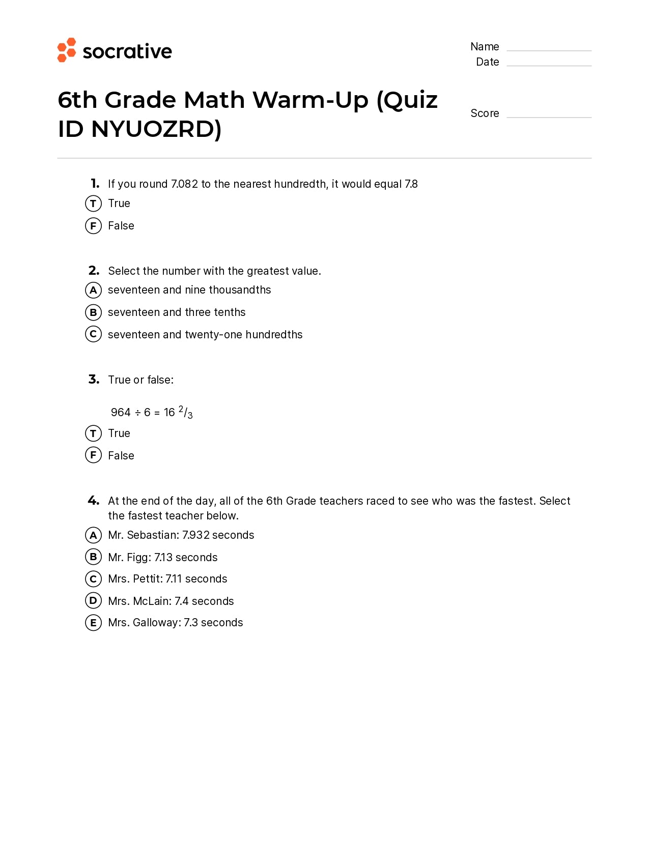 6Th Grade Math Warm-Up