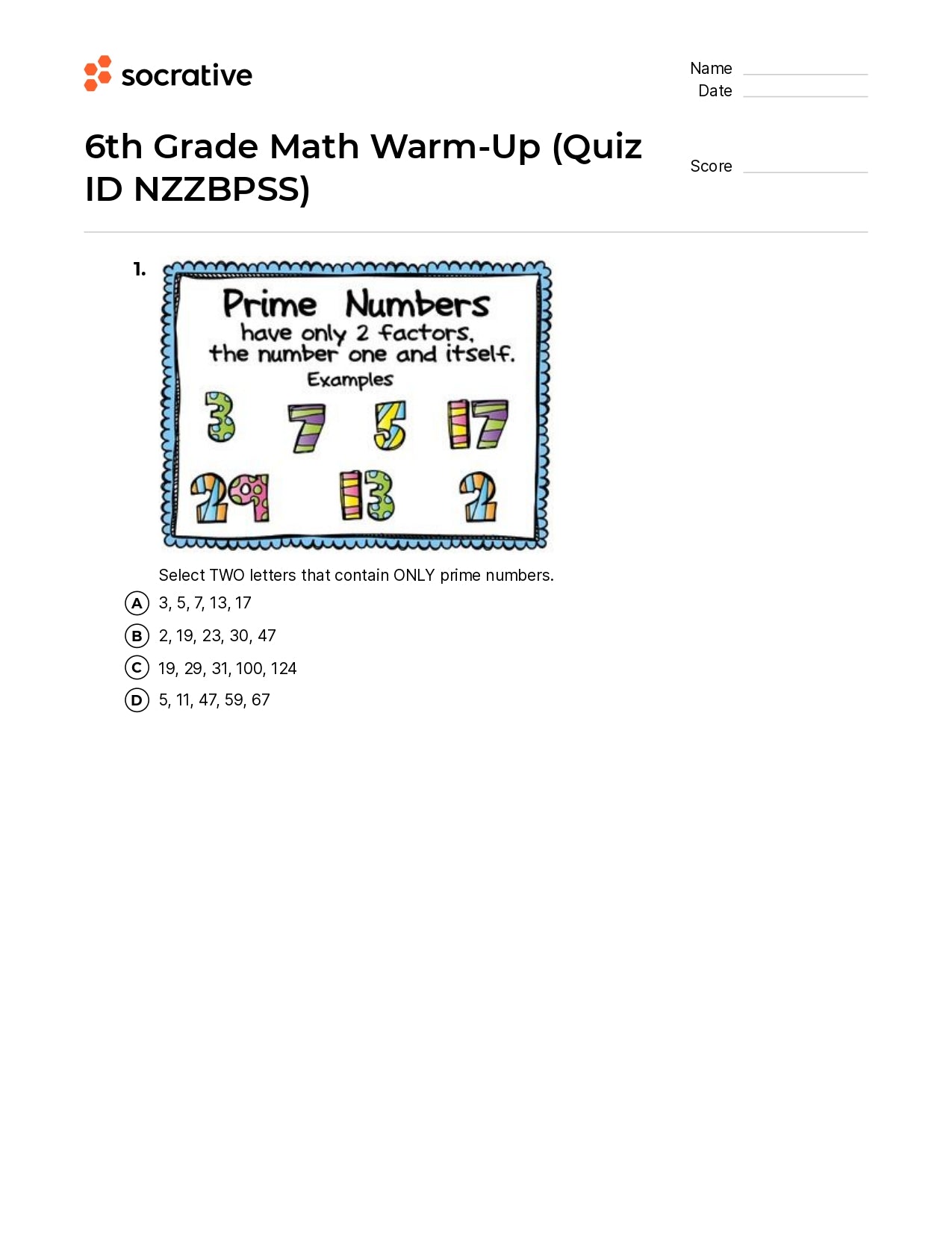 6Th Grade Math Warm-Up