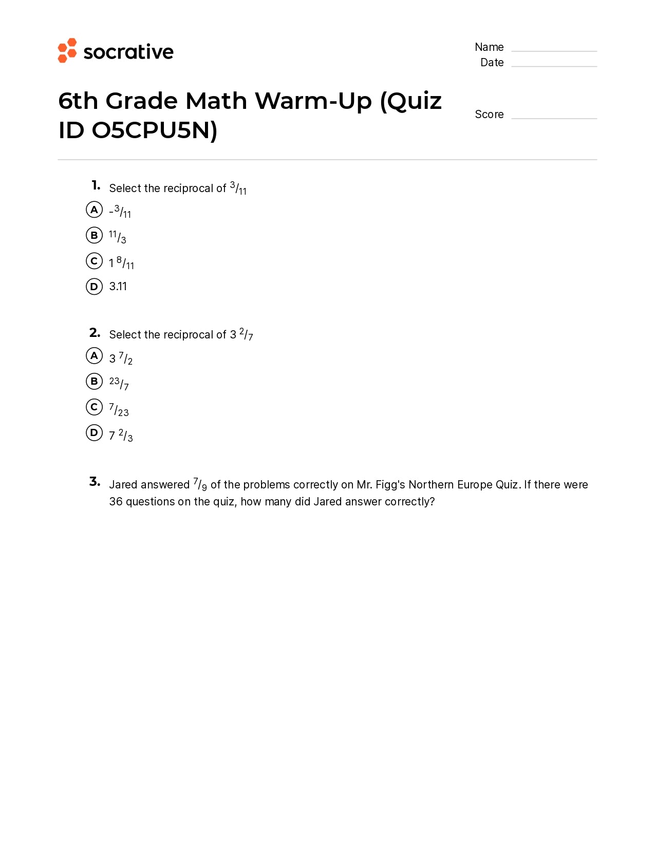 6Th Grade Math Warm-Up
