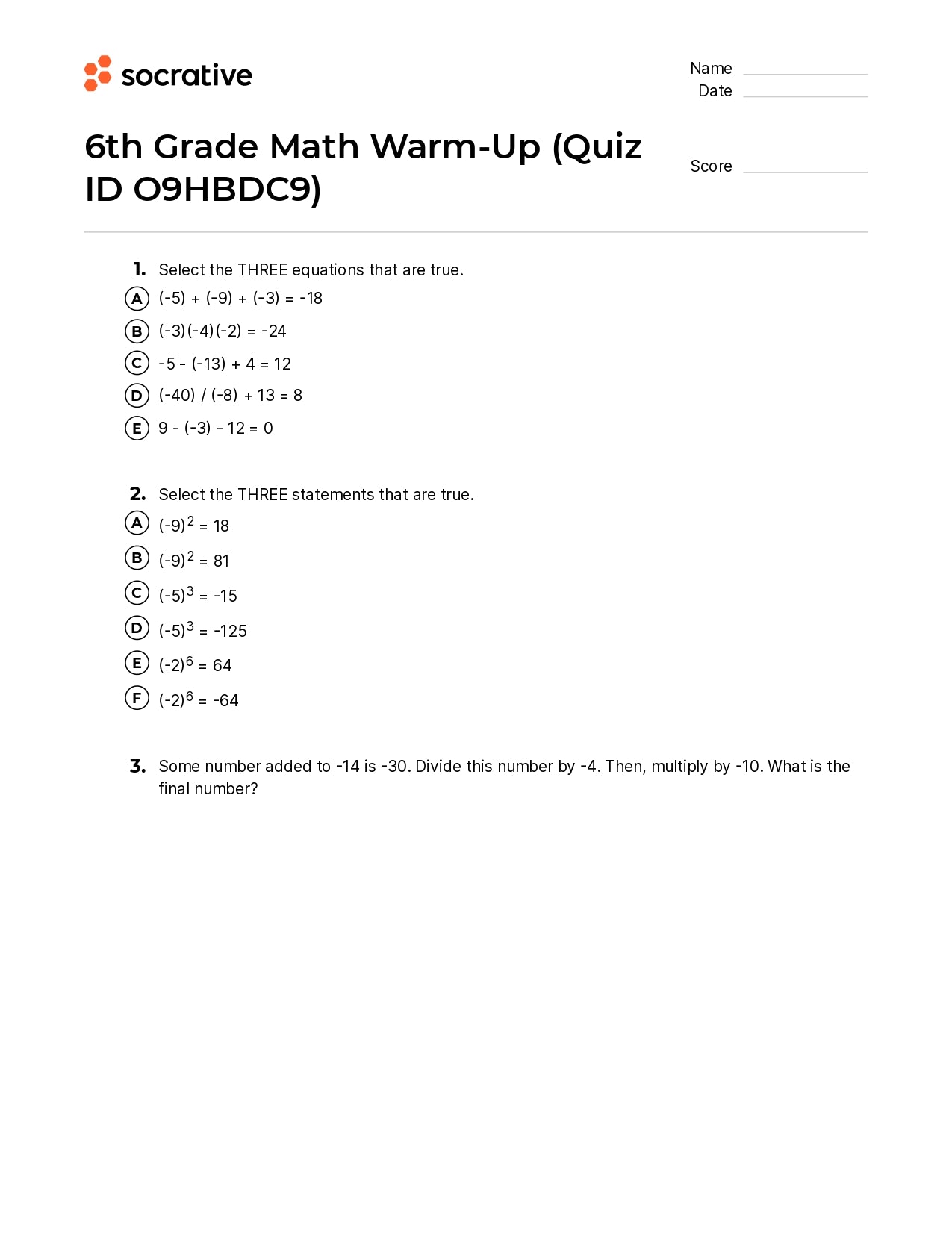 6Th Grade Math Warm-Up