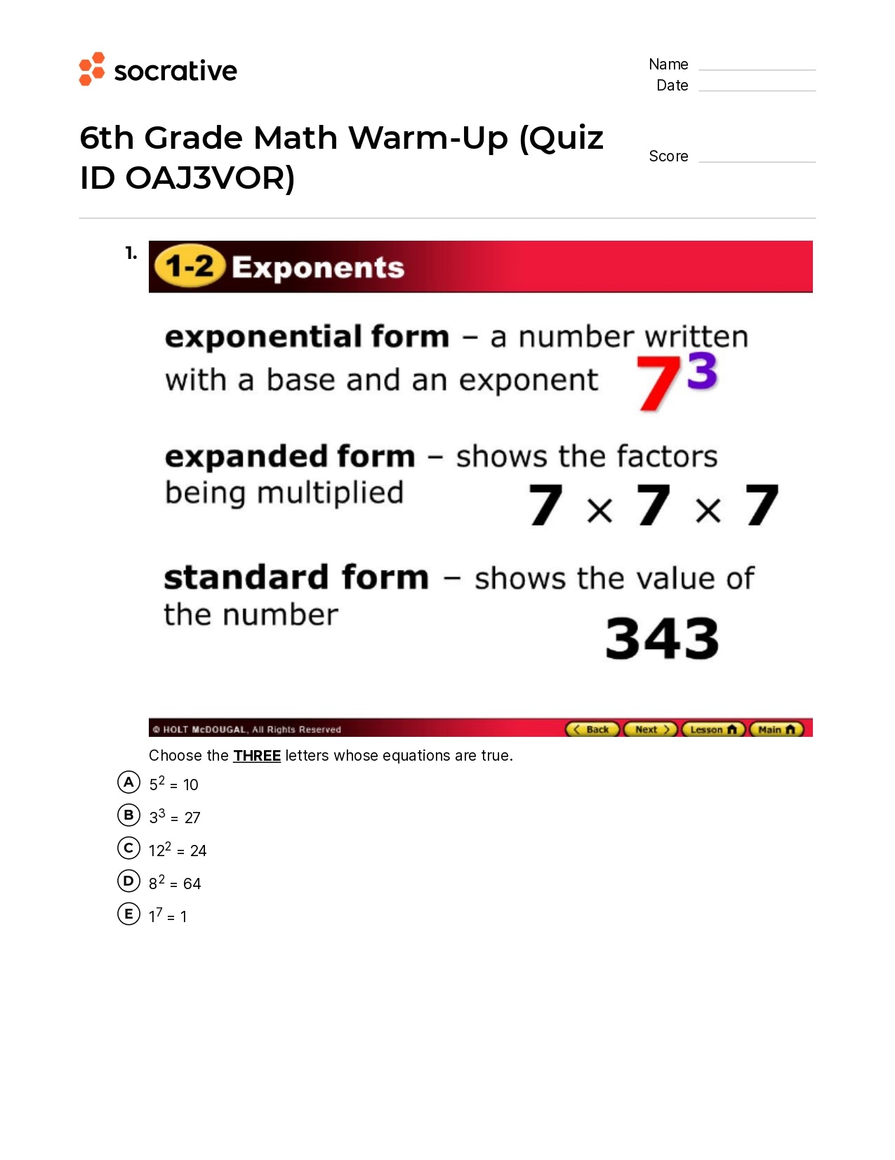 6Th Grade Math Warm-Up