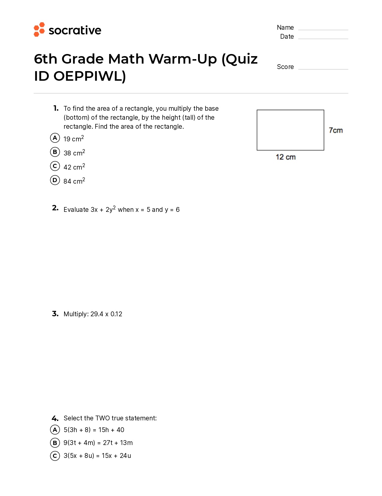 6Th Grade Math Warm-Up