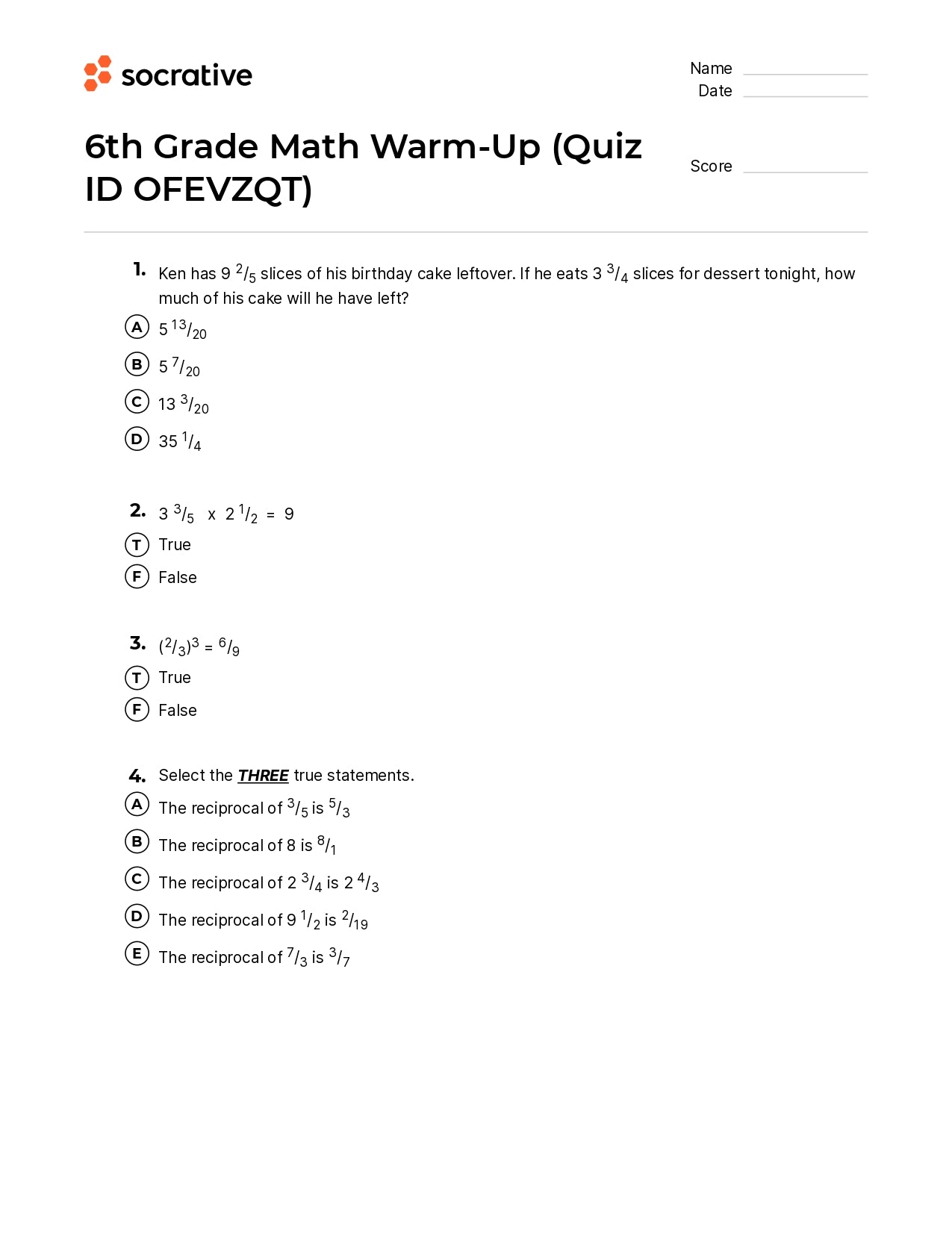 6Th Grade Math Warm-Up