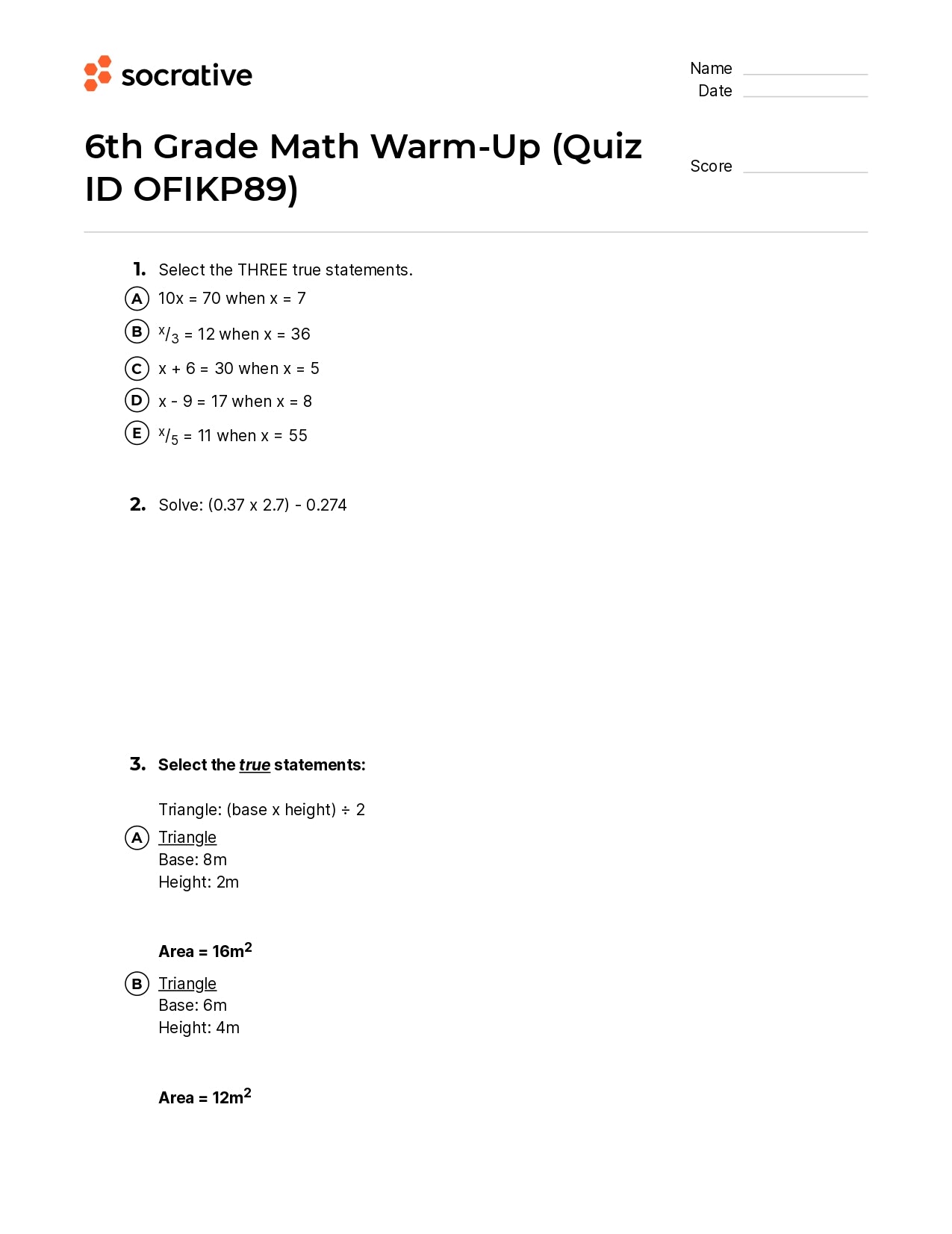 6Th Grade Math Warm-Up