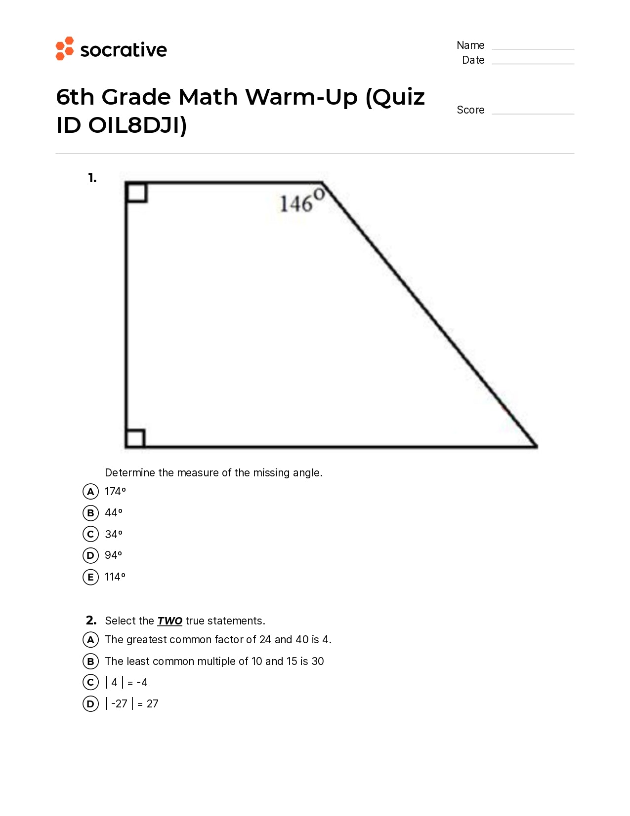 6Th Grade Math Warm-Up