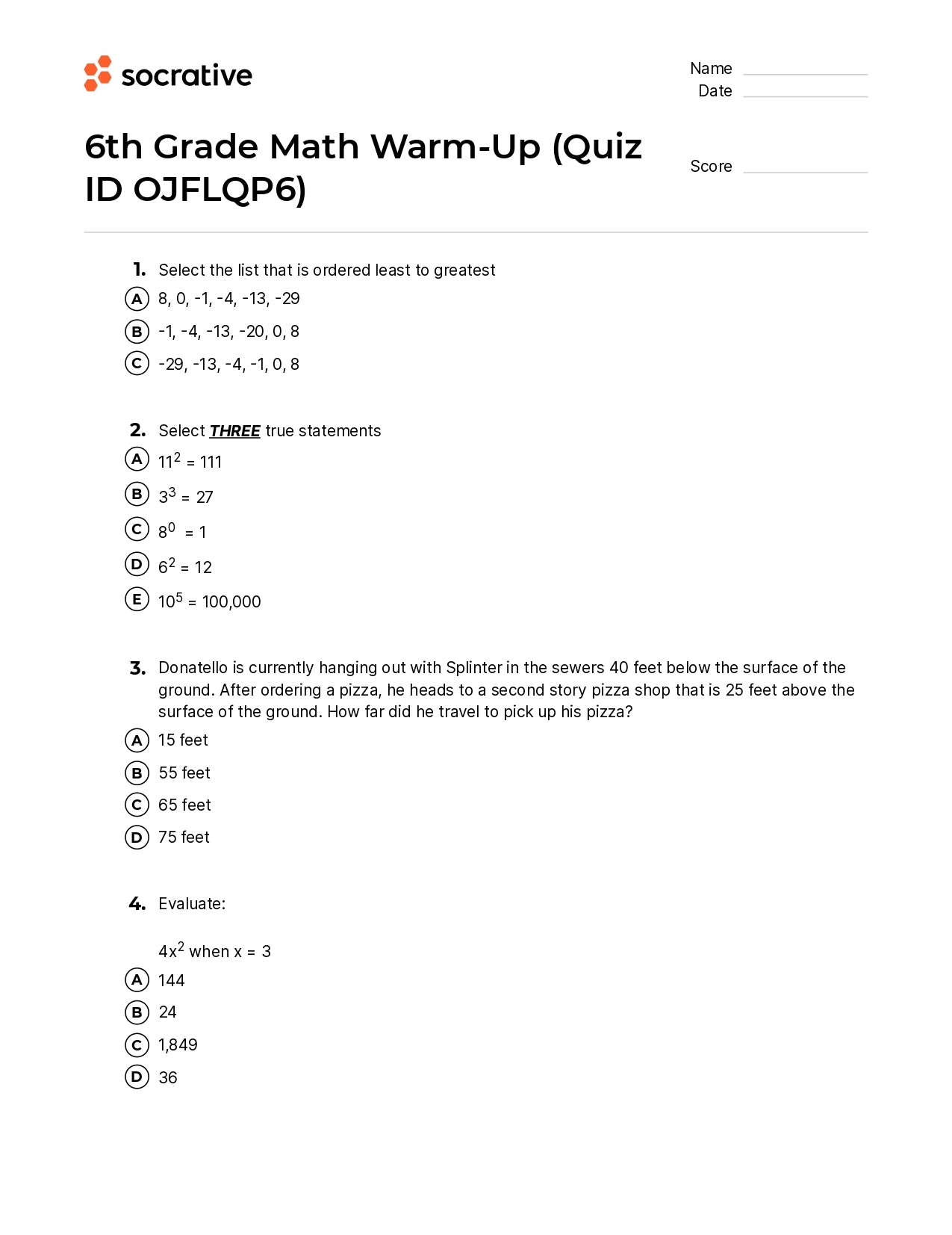 6Th Grade Math Warm-Up