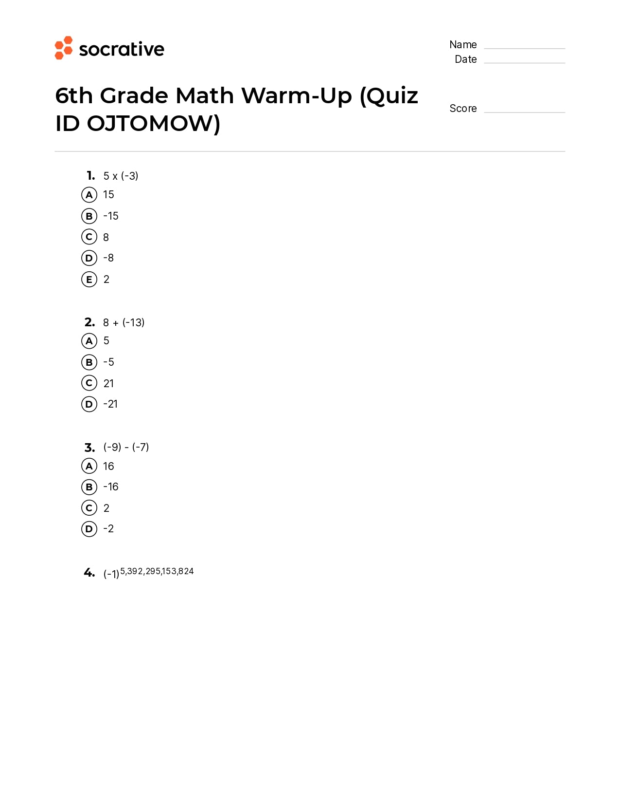 6Th Grade Math Warm-Up
