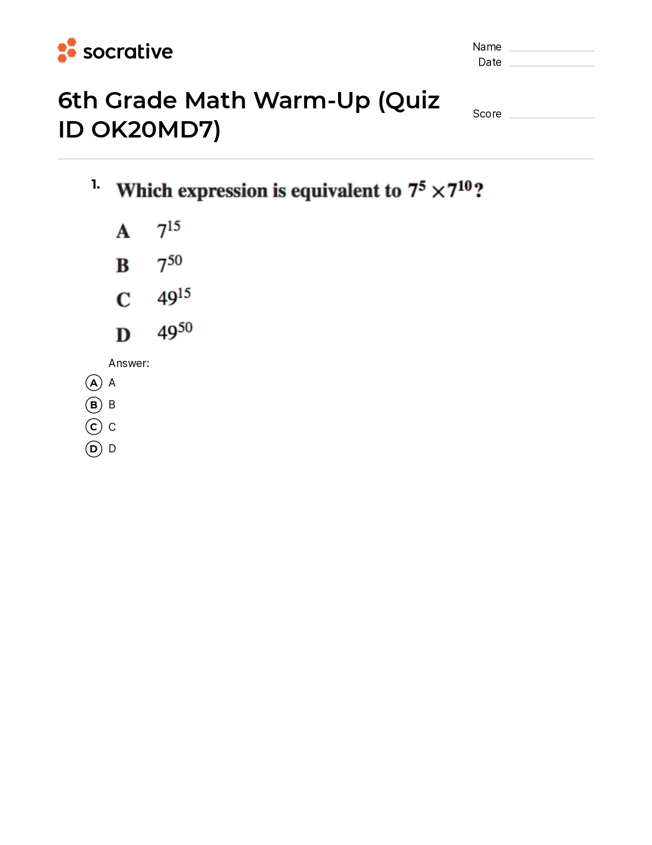 6Th Grade Math Warm-Up