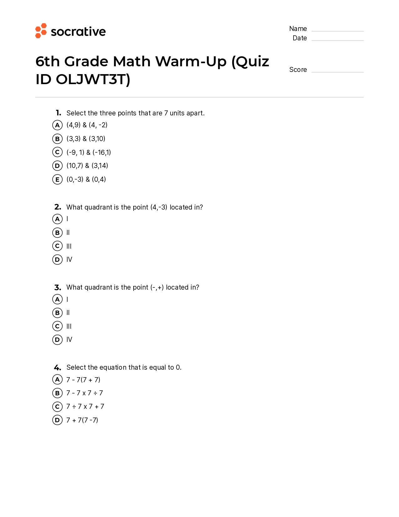 6Th Grade Math Warm-Up