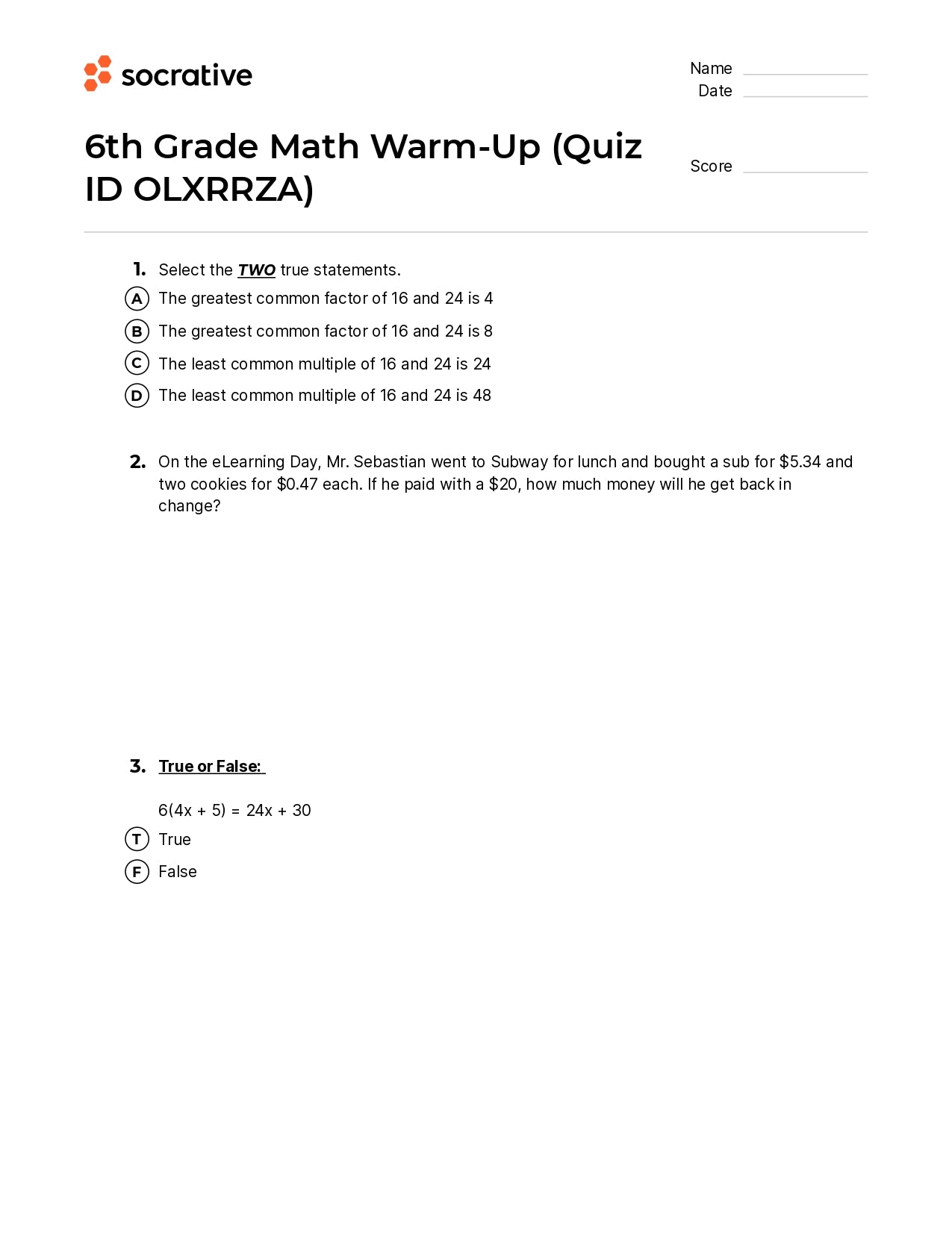 6Th Grade Math Warm-Up