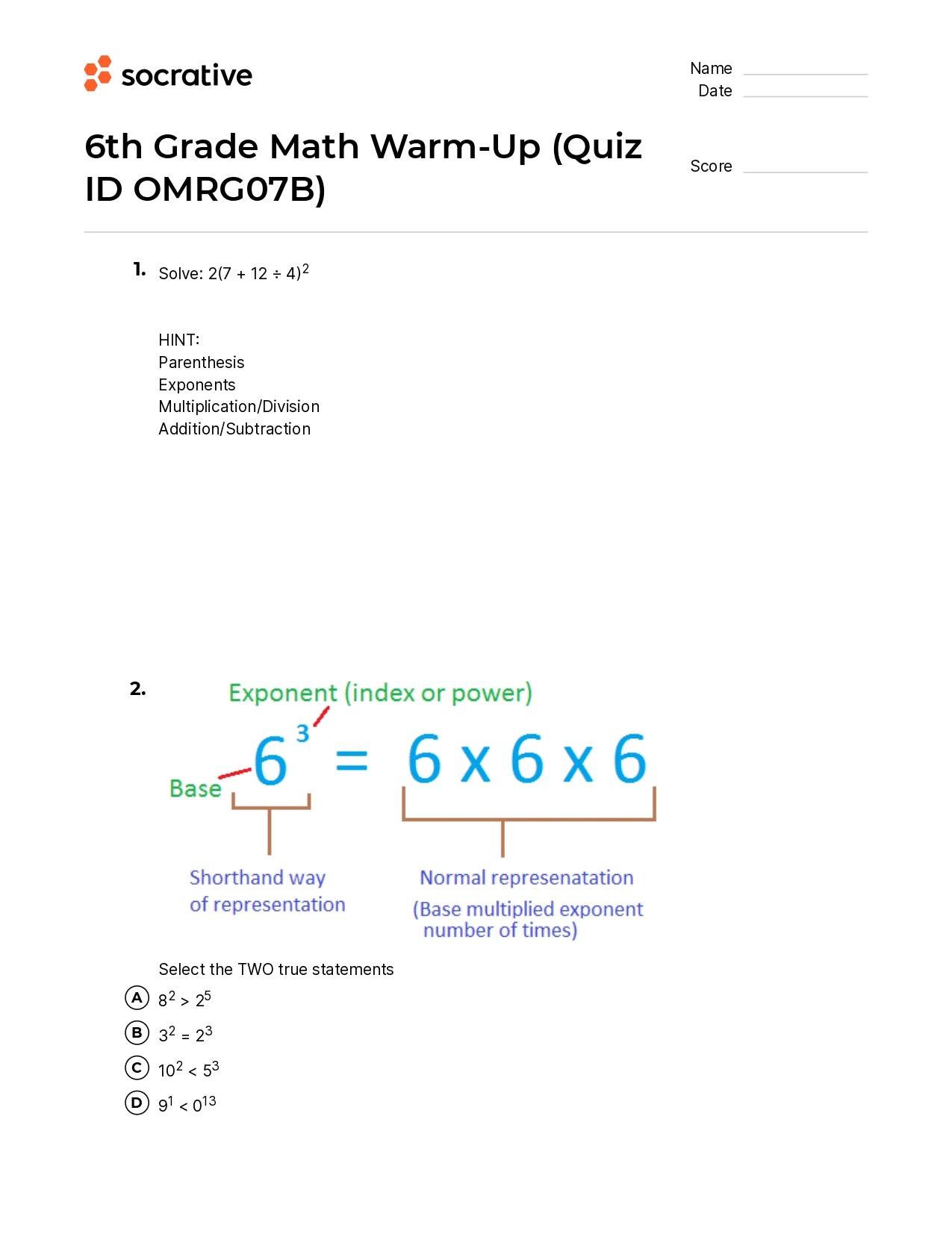 6Th Grade Math Warm-Up