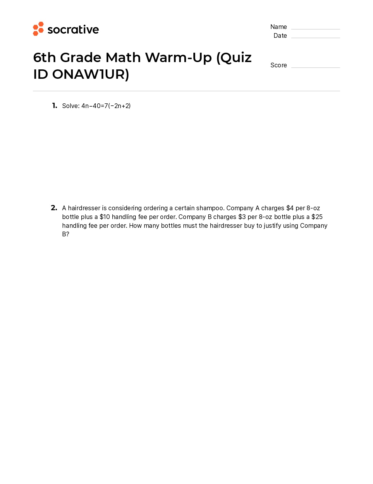 6Th Grade Math Warm-Up