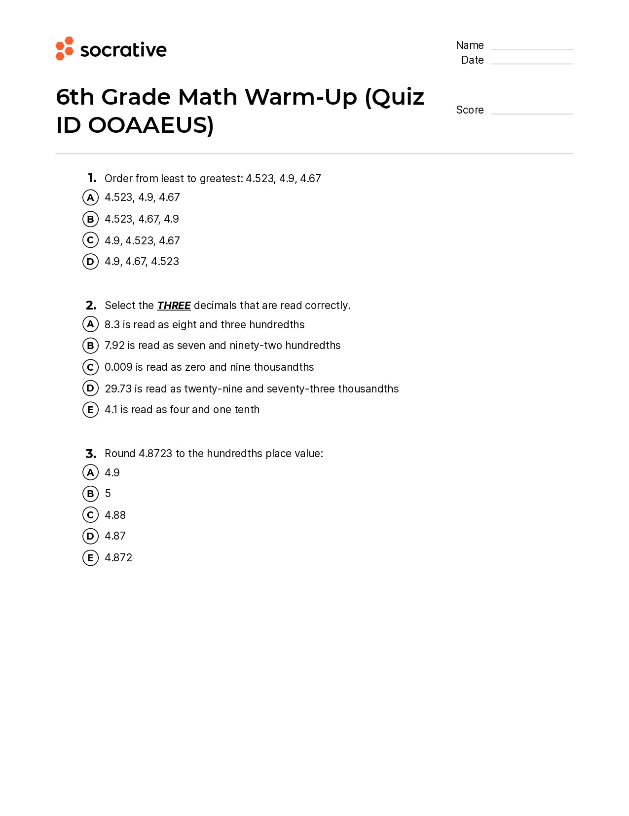6Th Grade Math Warm-Up