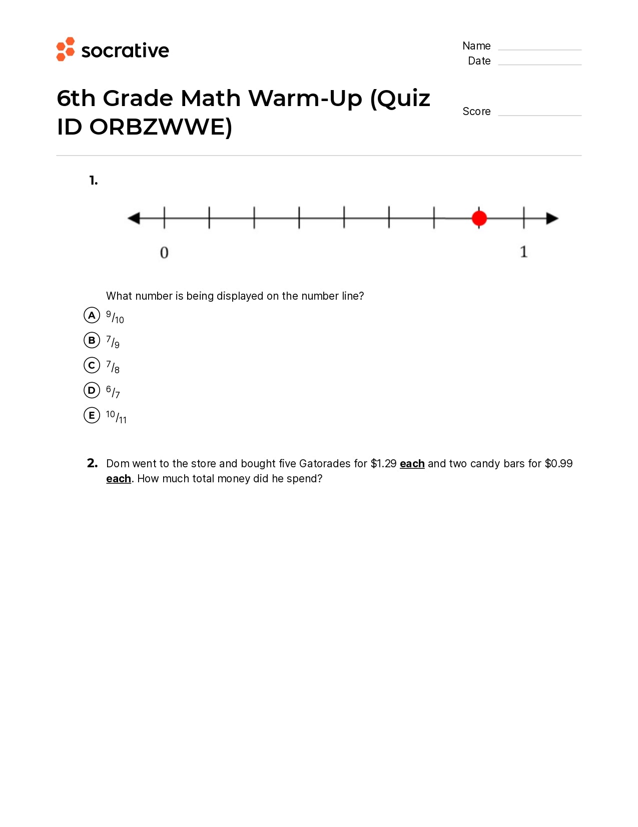 6Th Grade Math Warm-Up
