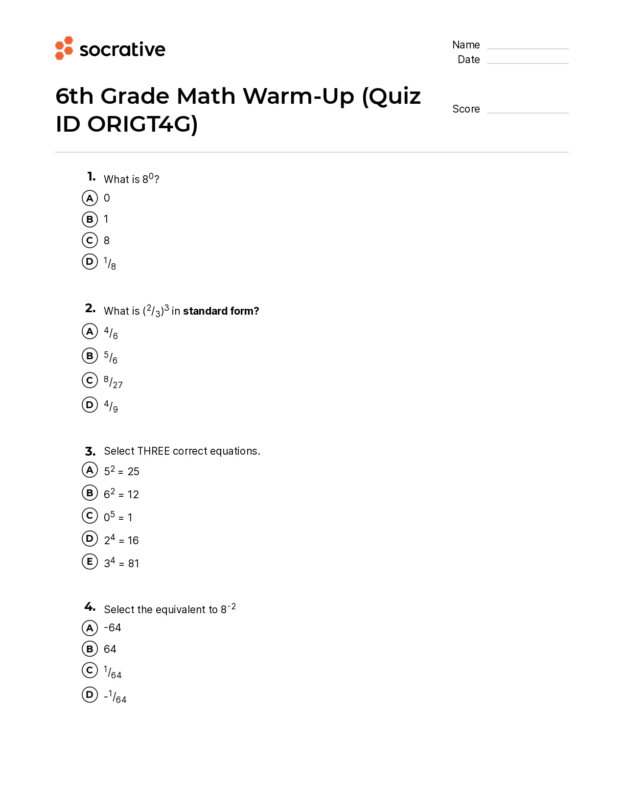 6Th Grade Math Warm-Up