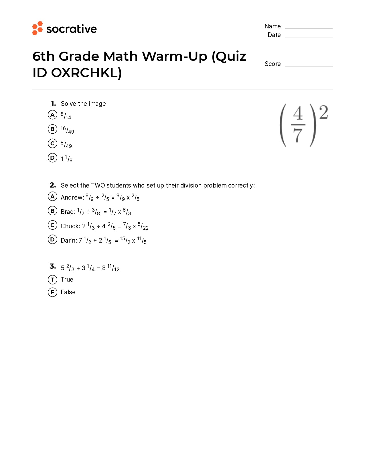 6Th Grade Math Warm-Up