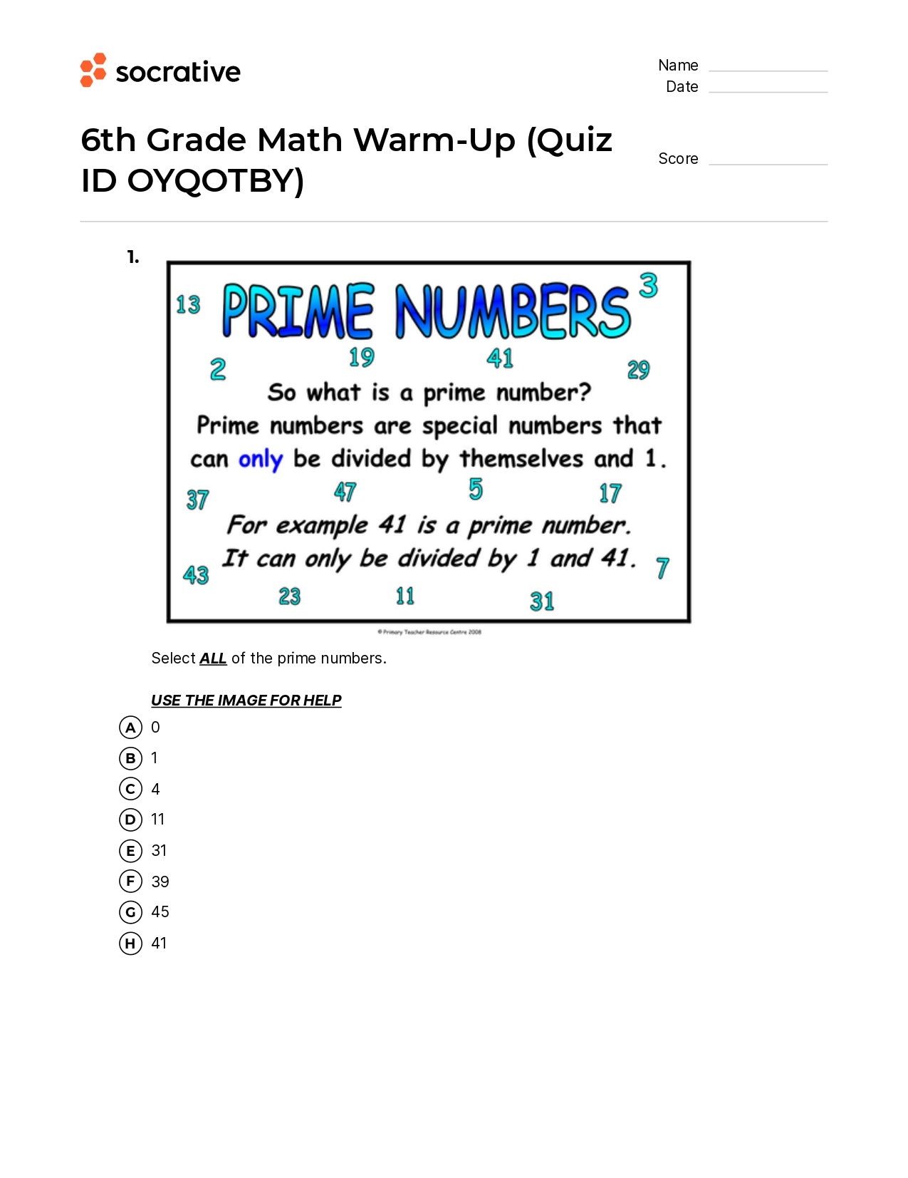 6Th Grade Math Warm-Up