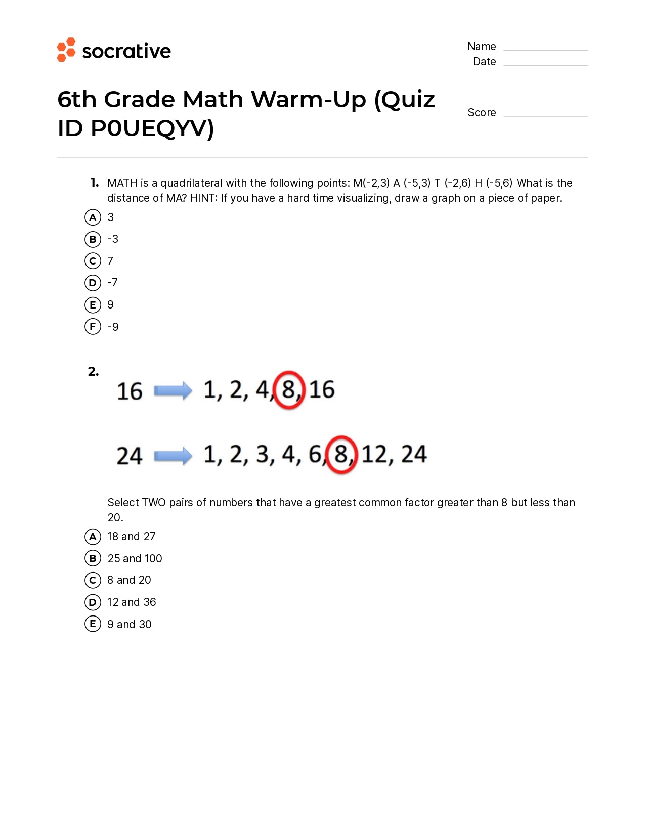6Th Grade Math Warm-Up