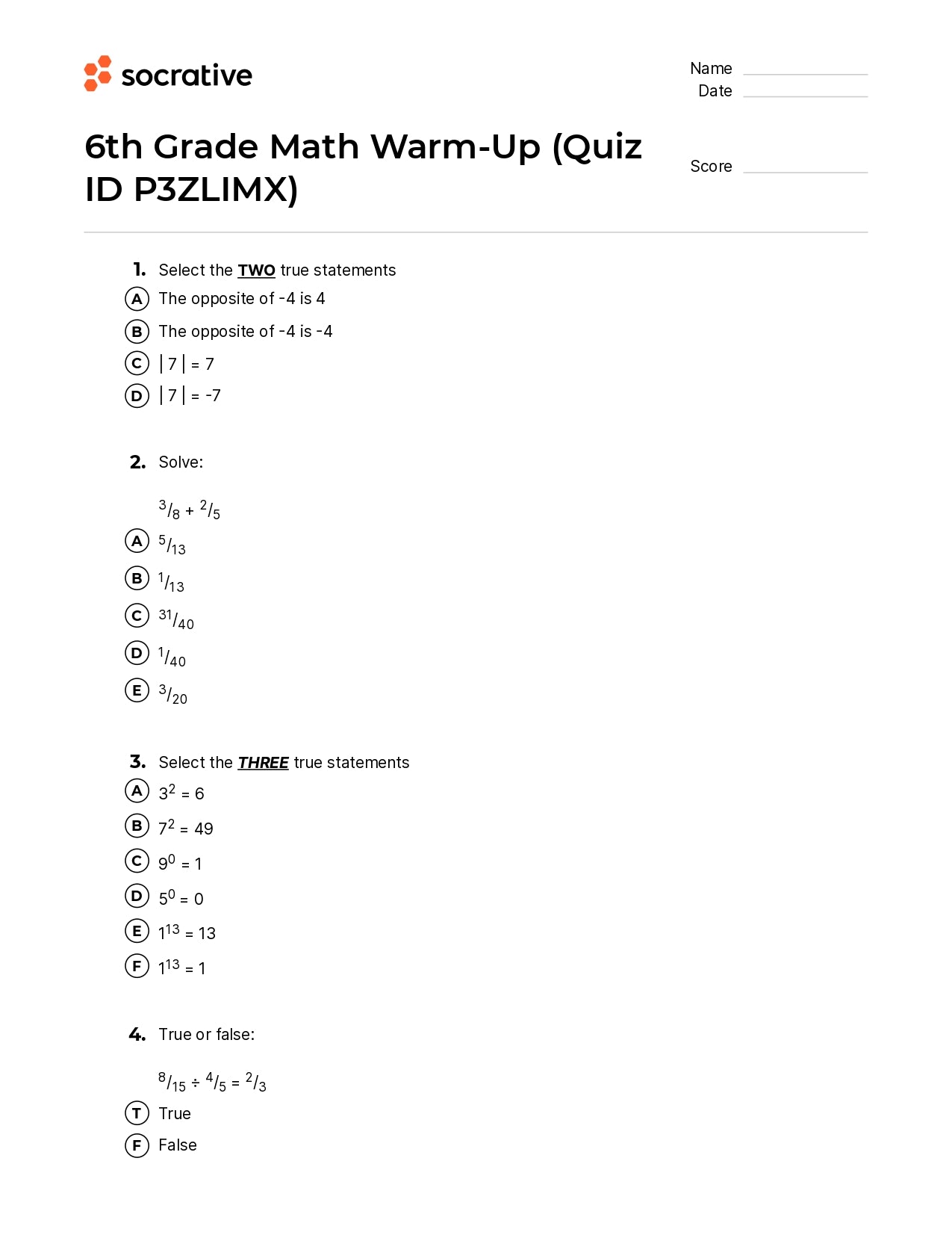 6Th Grade Math Warm-Up