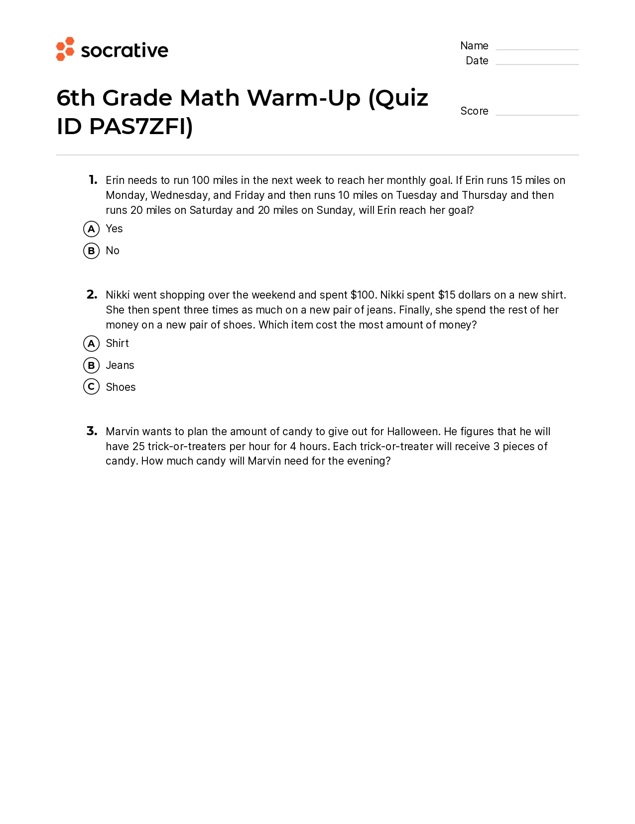 6Th Grade Math Warm-Up