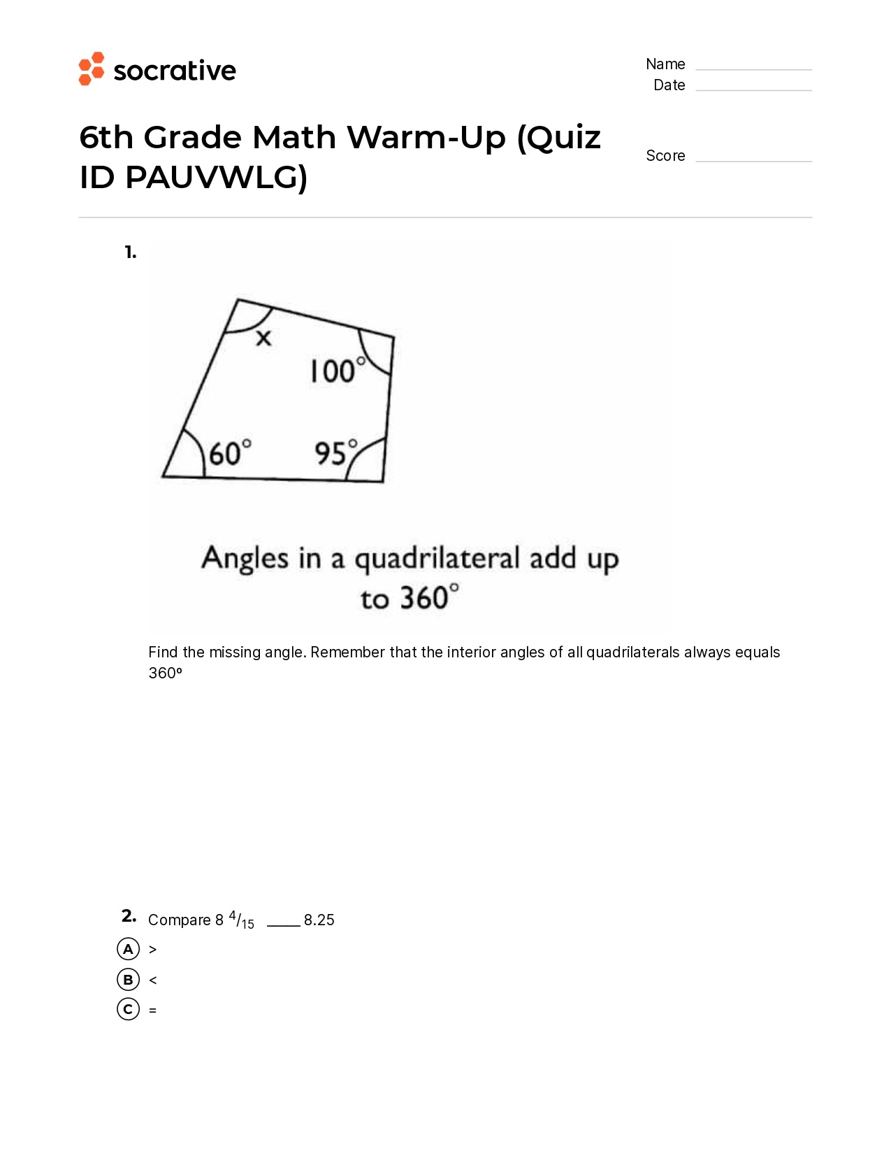 6Th Grade Math Warm-Up