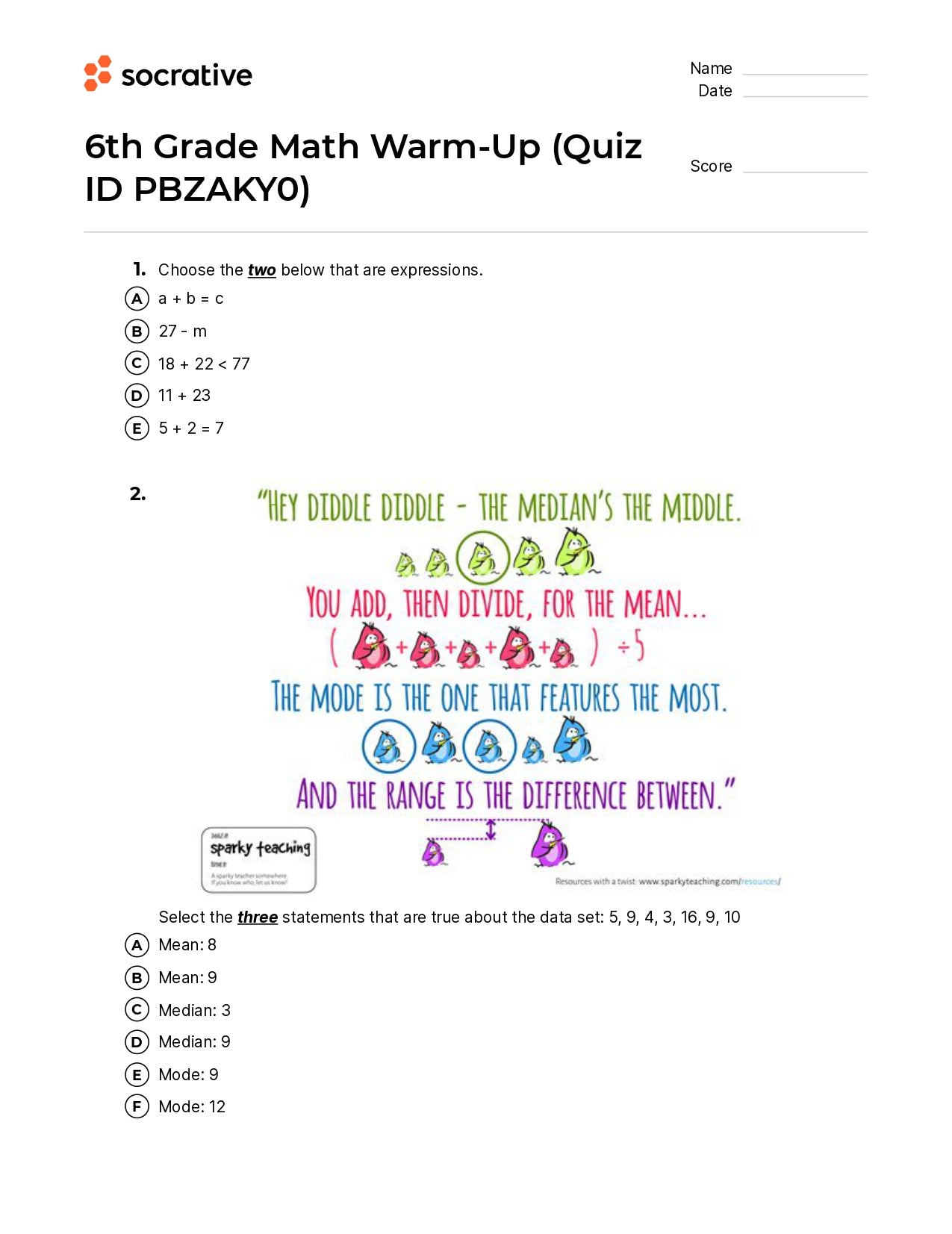6Th Grade Math Warm-Up