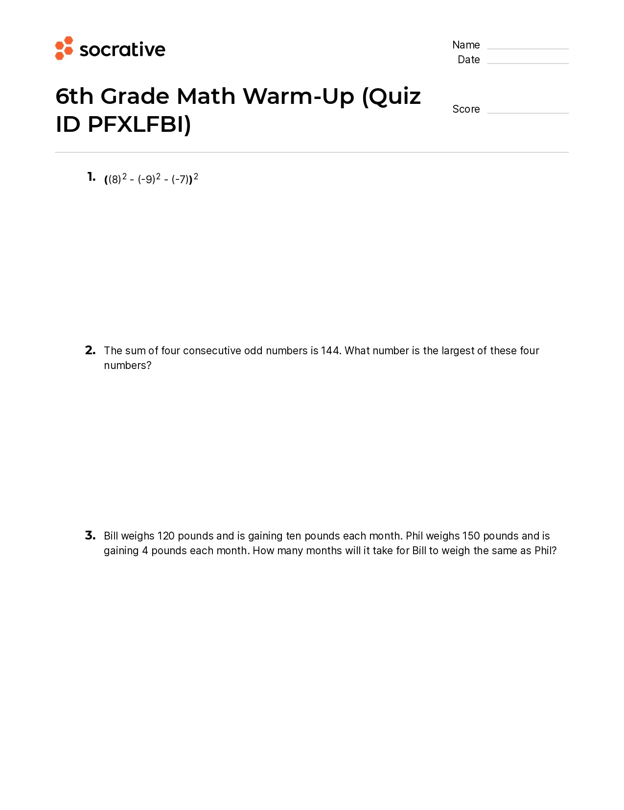 6Th Grade Math Warm-Up