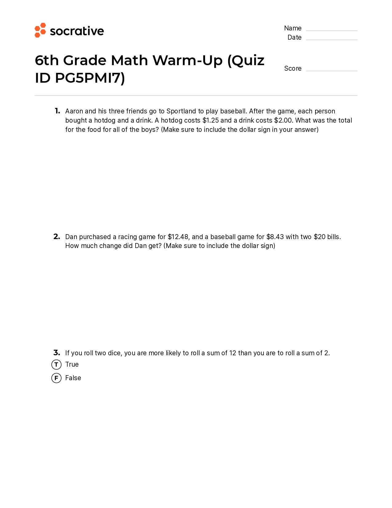 6Th Grade Math Warm-Up