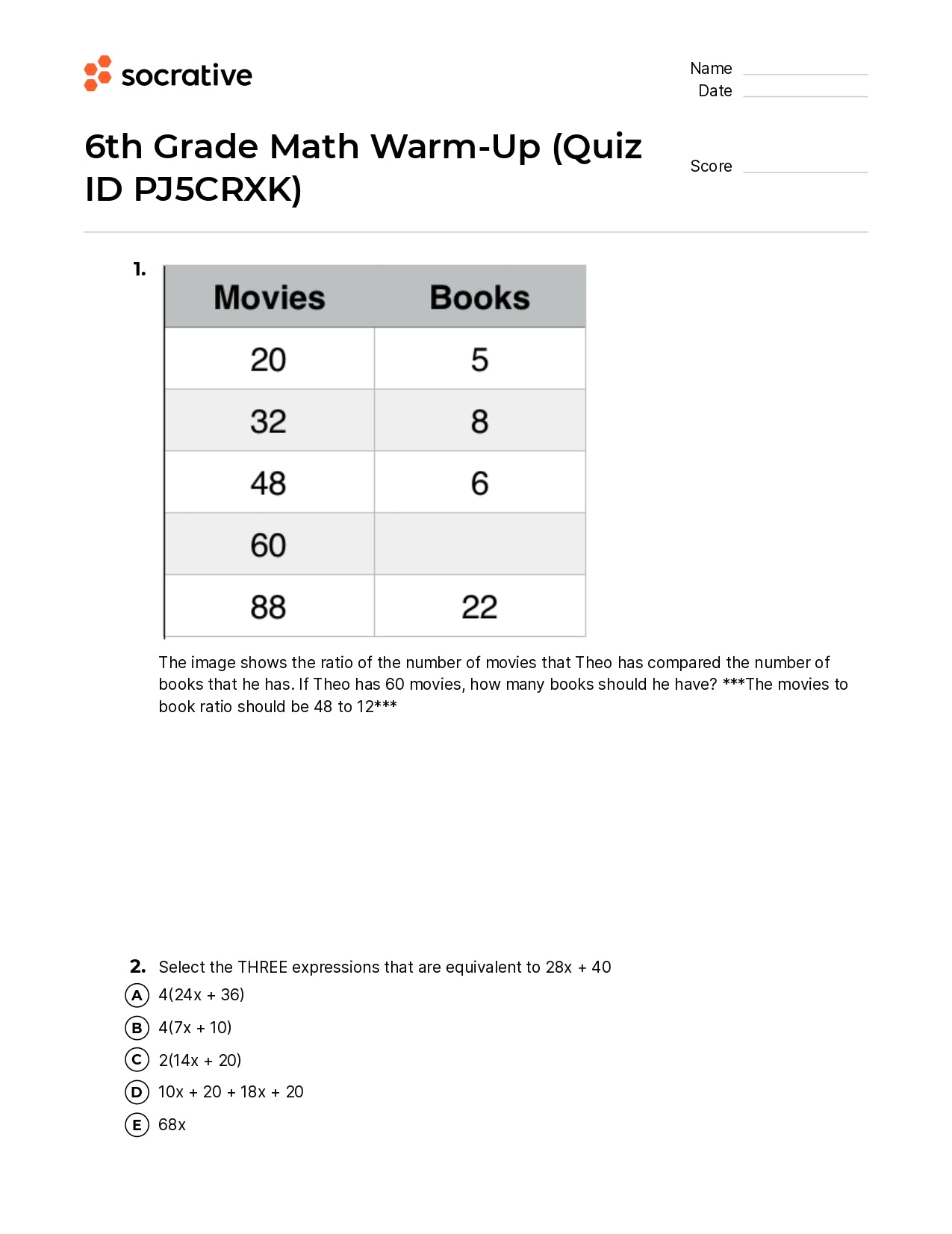 6Th Grade Math Warm-Up