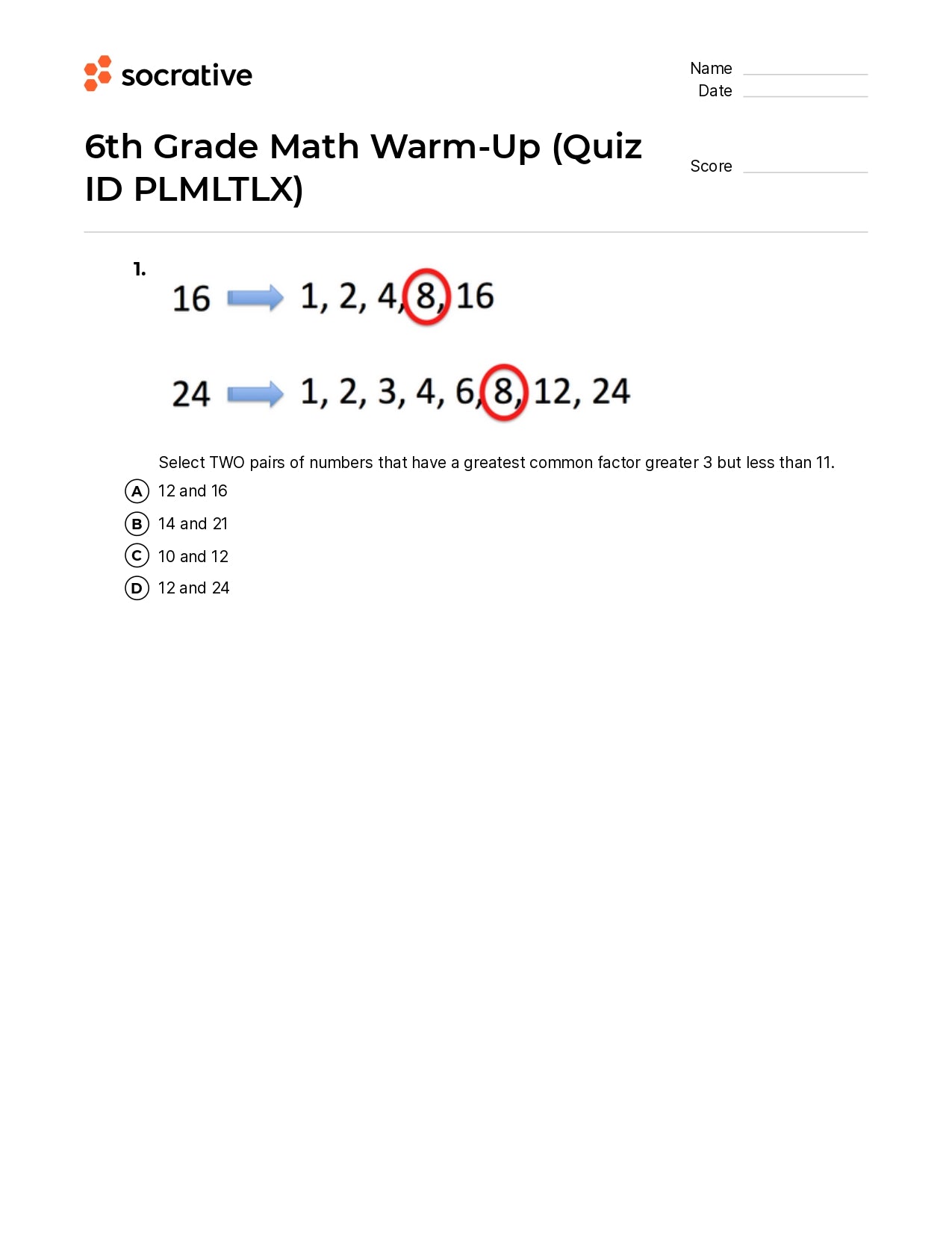 6Th Grade Math Warm-Up