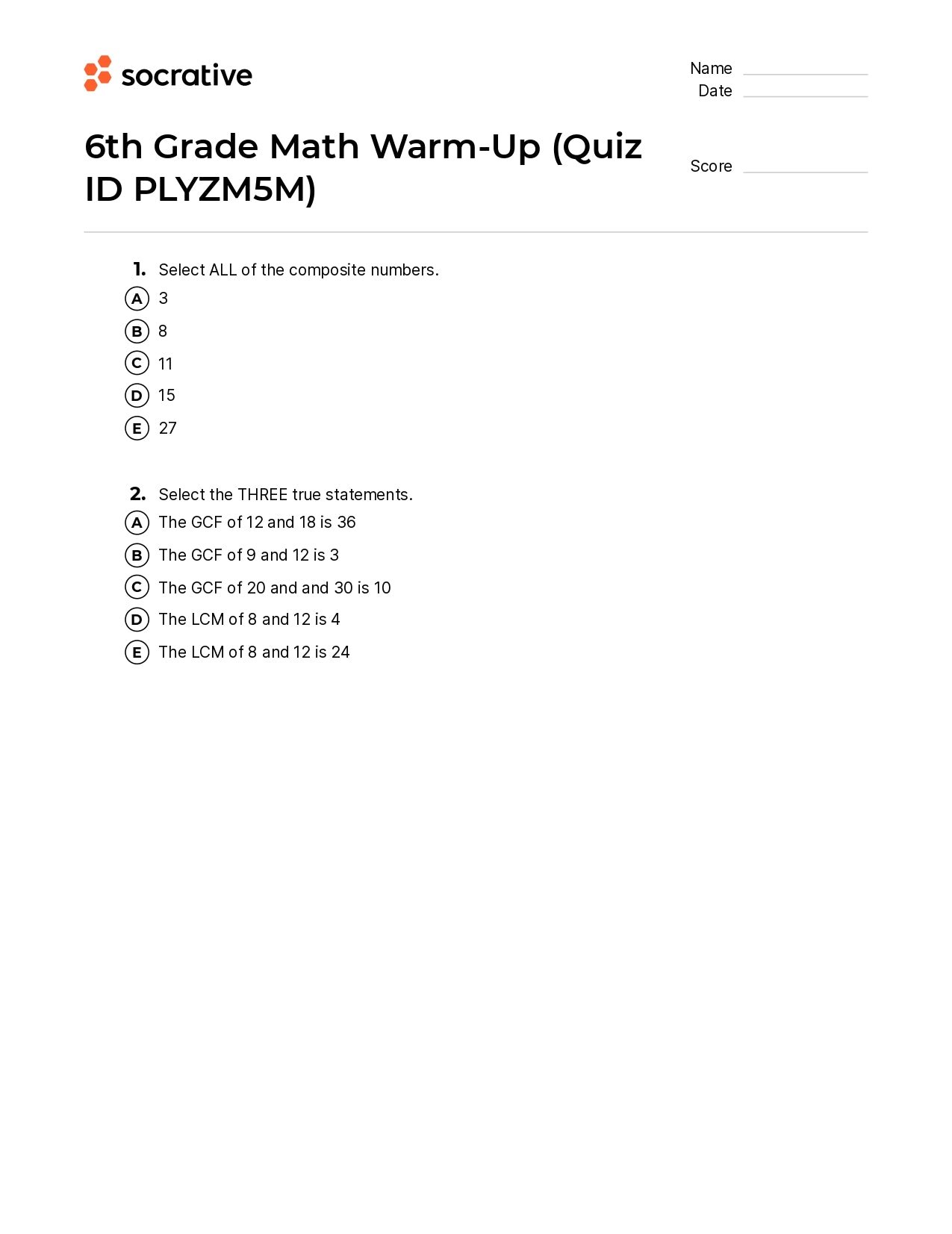 6Th Grade Math Warm-Up