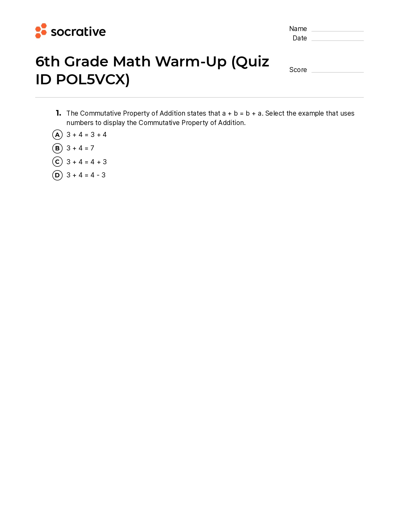6Th Grade Math Warm-Up