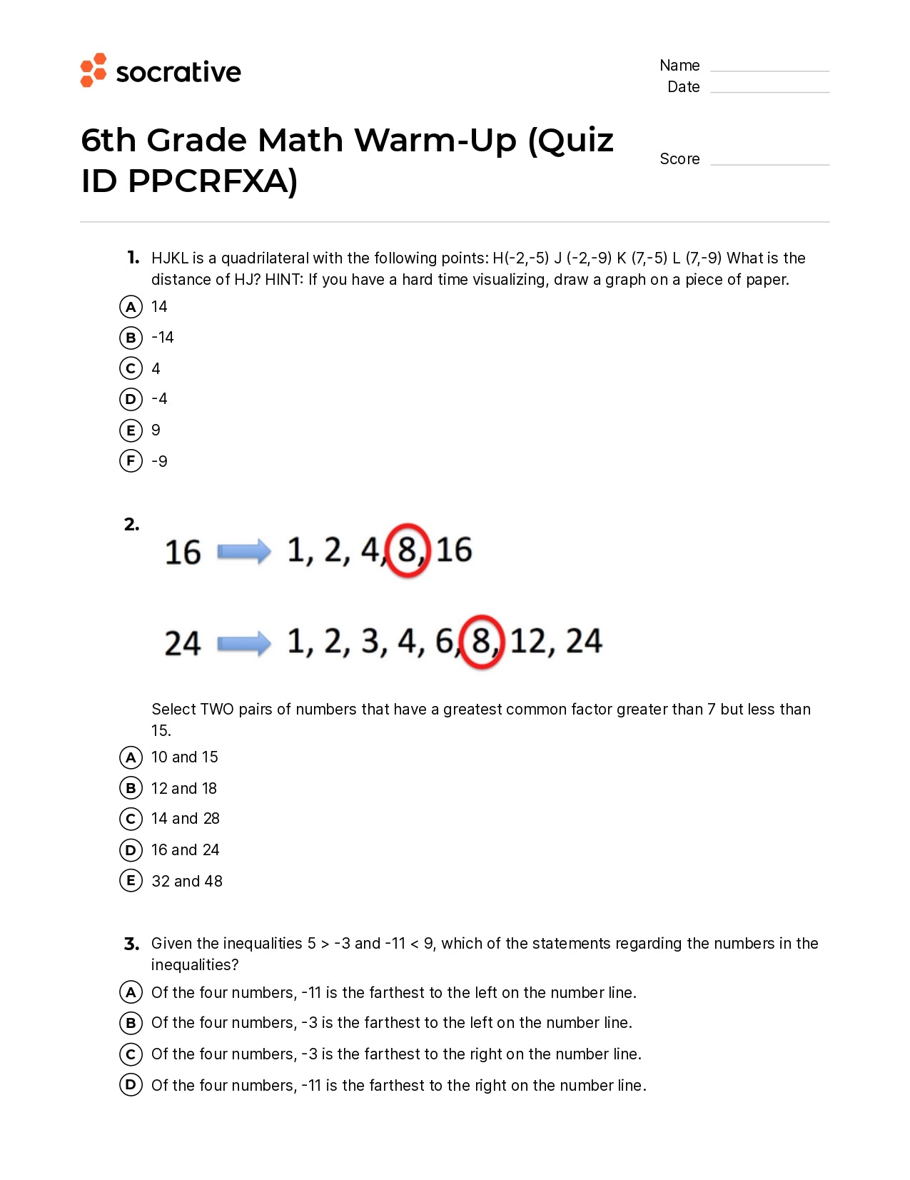 6Th Grade Math Warm-Up