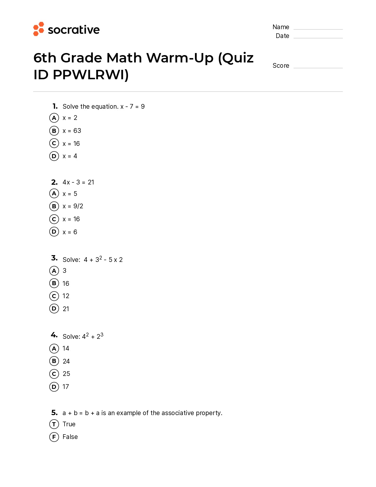 6Th Grade Math Warm-Up